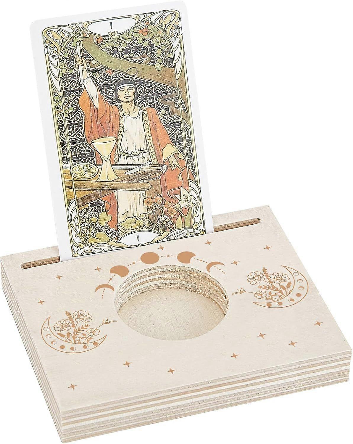 Tarot Card Holder 3.9 x 3.1 Inch Wood Carved Moon Flower Star Pattern Tea Light Divination Cards Display Stand for Wiccan Decor Reading Case Accessori