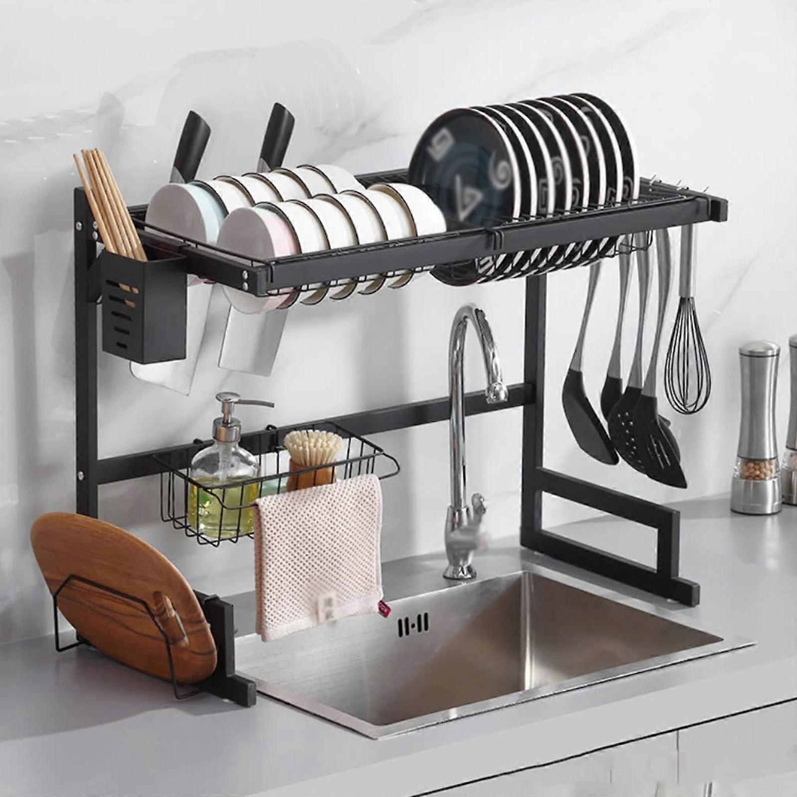 Large Over the Sink Dish Drying Rack with Cover, 85cm Adjustable Kitchen Utensil Organizer