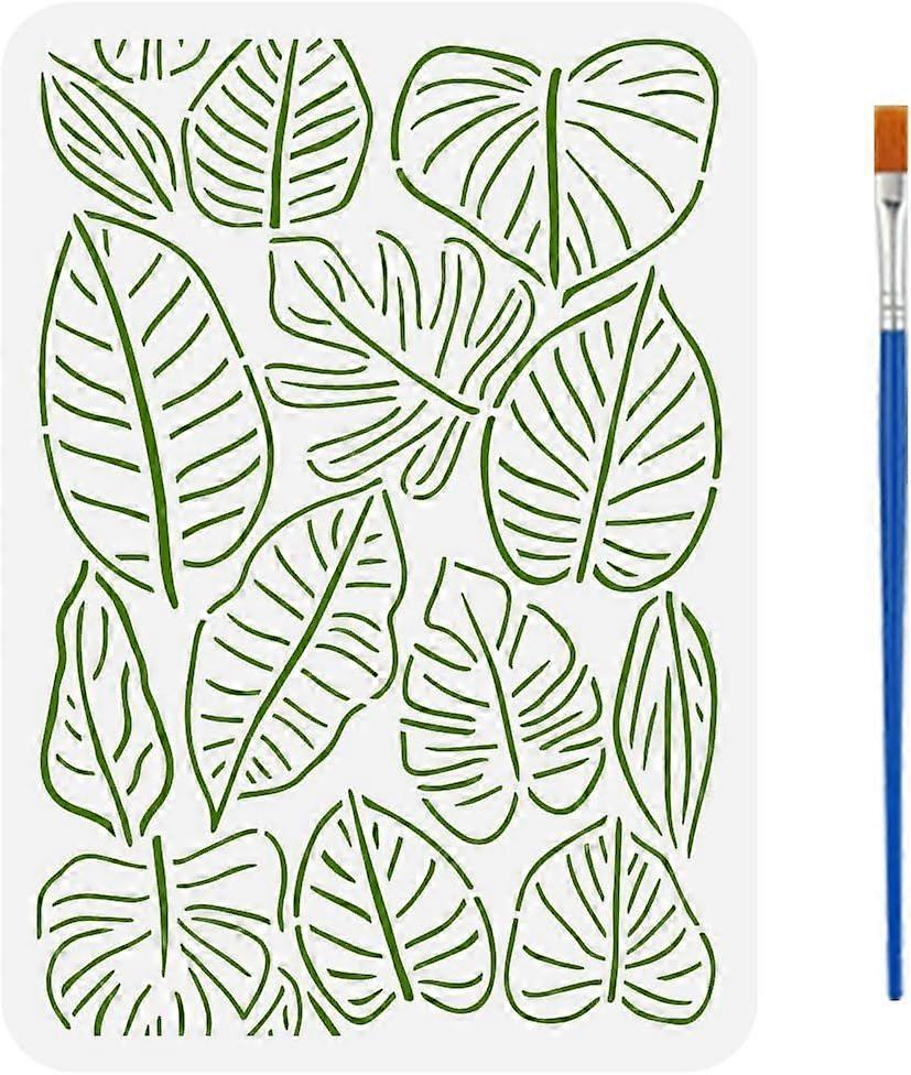 Tropical Leaf Outline Decoration Stencil with 1Pc Plastic Paint Brush 8.3x11.7inch Reusable Tropical Leaf Pattern Infinite Connection Stencil for Pain