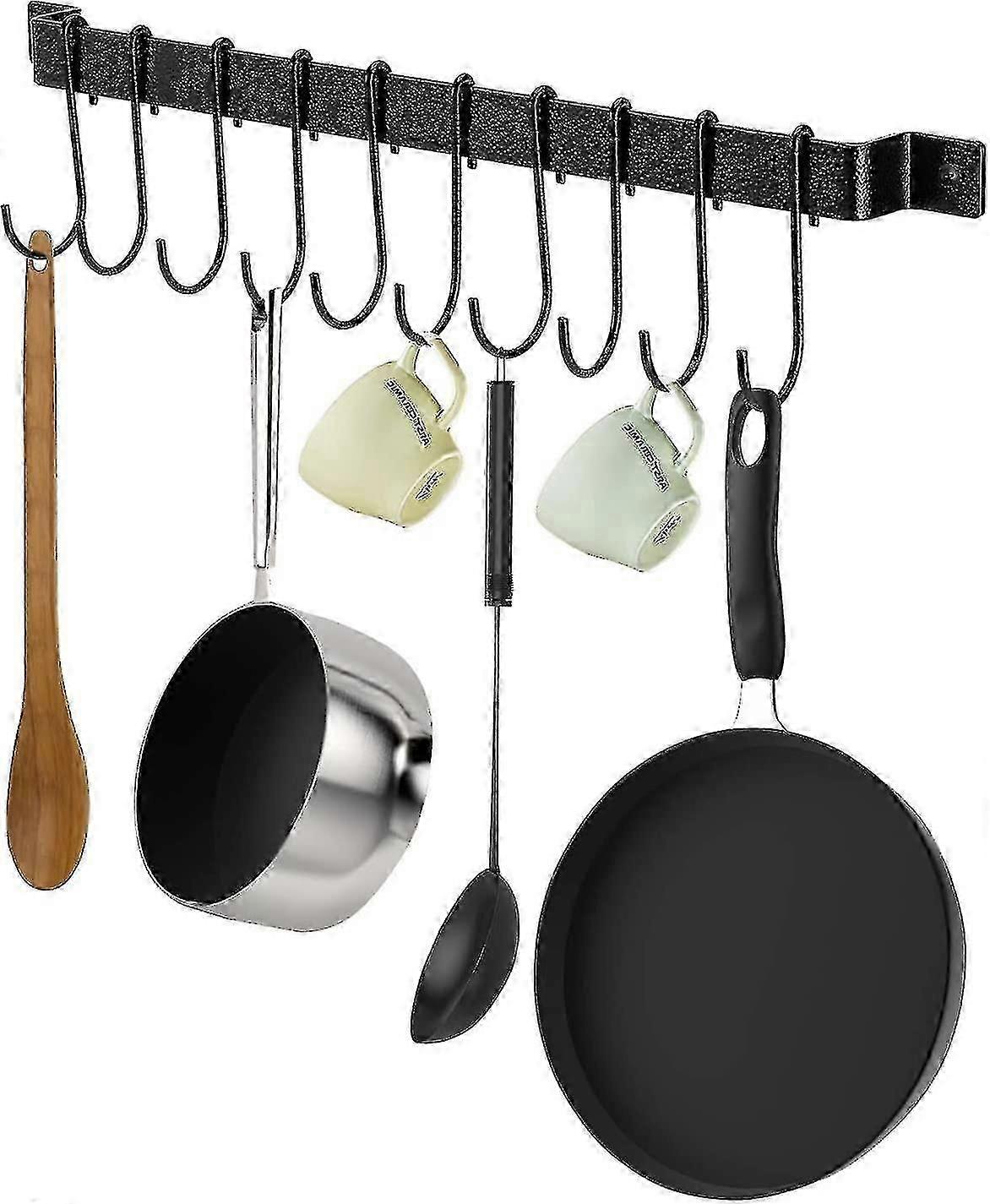 43cm Wall Hanging Pot Rack with 10 Hooks, Kitchen Rack and Shelf, Black