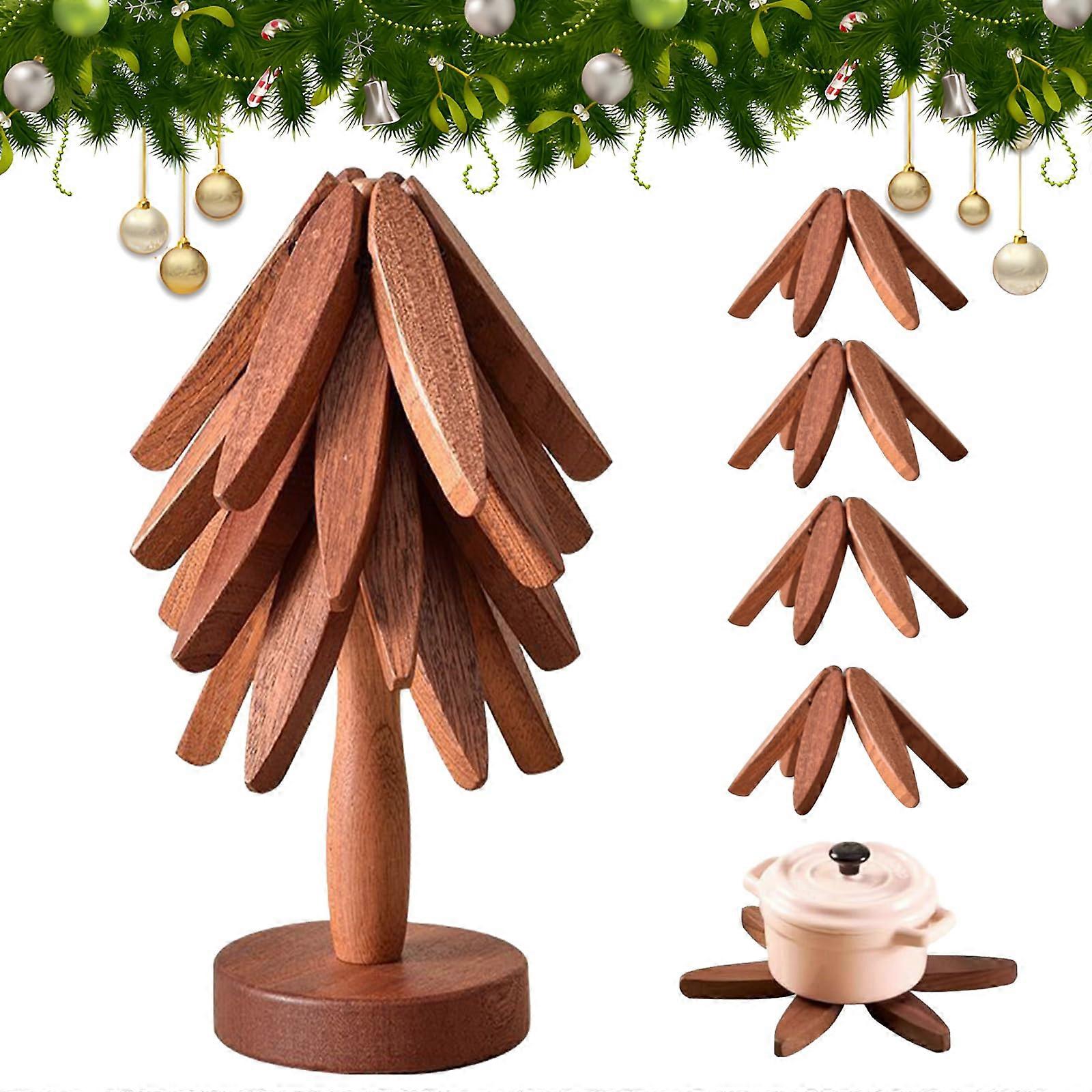Wooden Trivets Set HeatResistant Solid Wood Foldable Tree Shape for Hot Dishes and Pots 4pcs Walnut