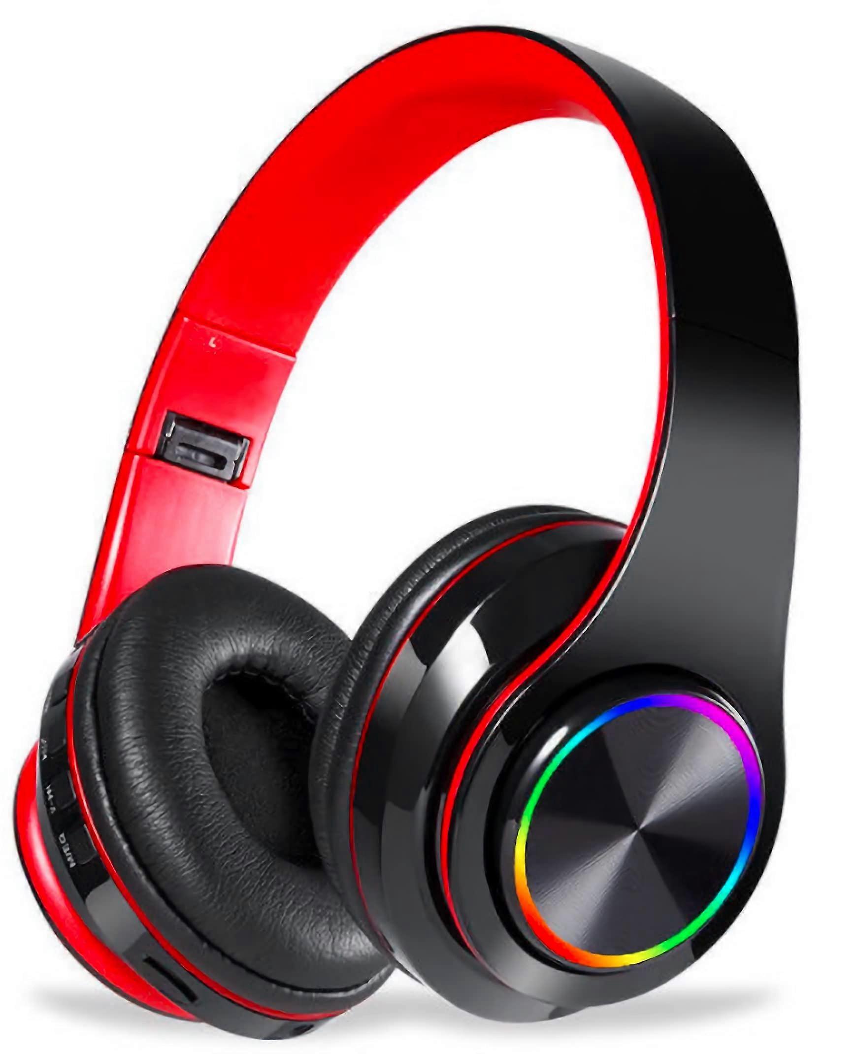 Wireless Bluetooth Headphones Foldable Bluetooth 5.0 10m Range Colorful Lights Stereo BuiltIn Mic OverEar BlackRed