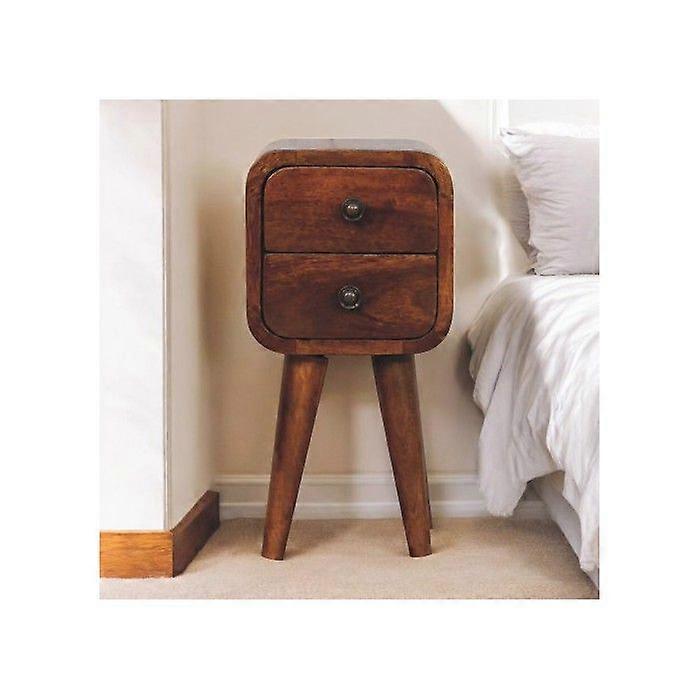 Solid Wood Extra Mini Curved Chestnut Bedside, 2 Drawers, Dark Brown