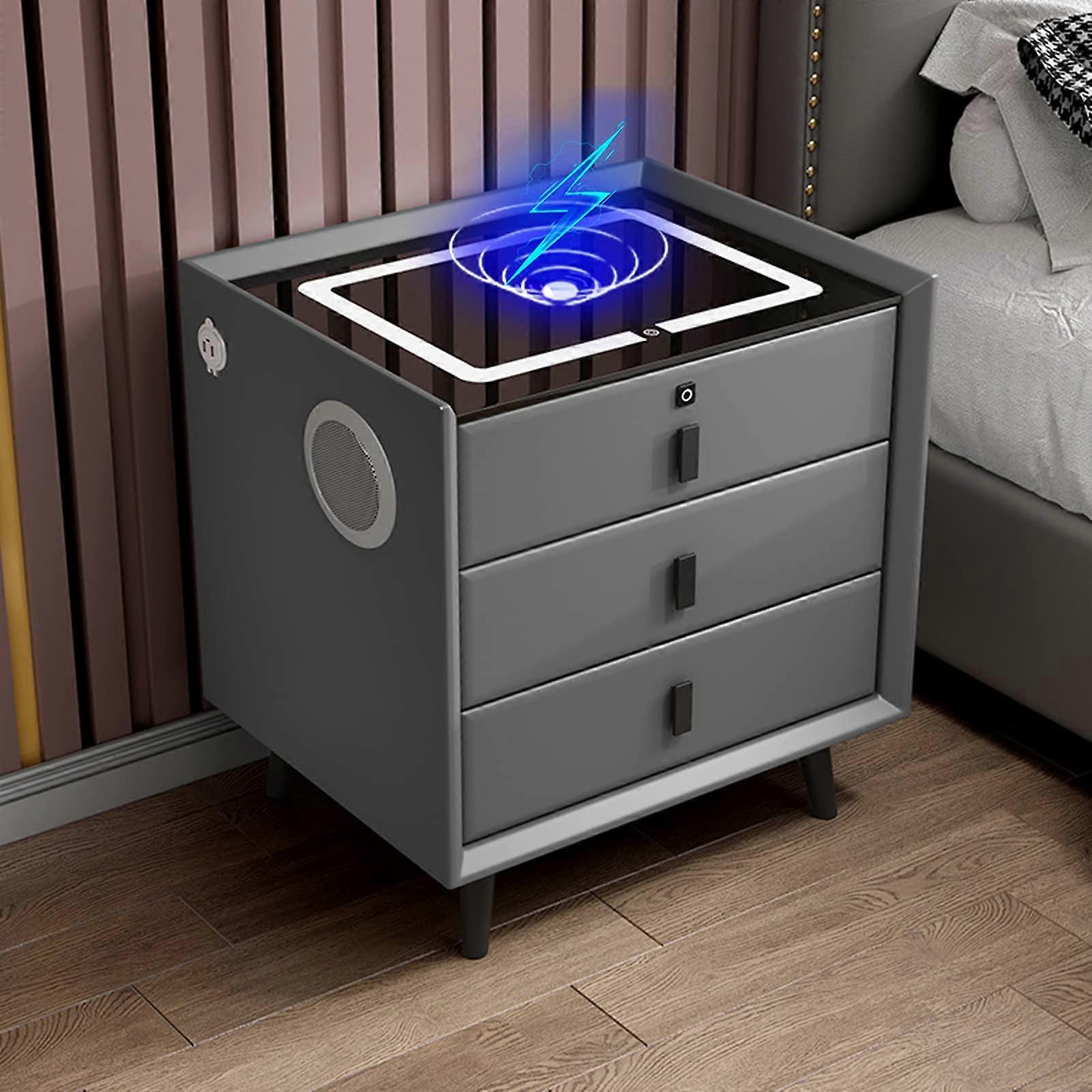 Smart Bedside Table with Wireless Charging, Fingerprint Lock, LED Light, Bluetooth Speakers, 3 Drawers, Grey