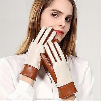 Women's Split Finger Leather Gloves, Genuine Lambskin Thickened Thermal Winter Mittens for Outdoor Casual Wear