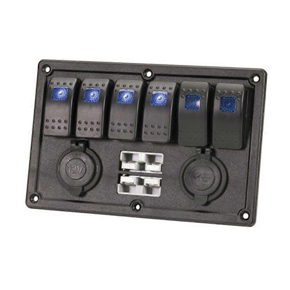 6-WAY Illuminated Switch Panel with Usb and Battery Plugs Surface Mountable