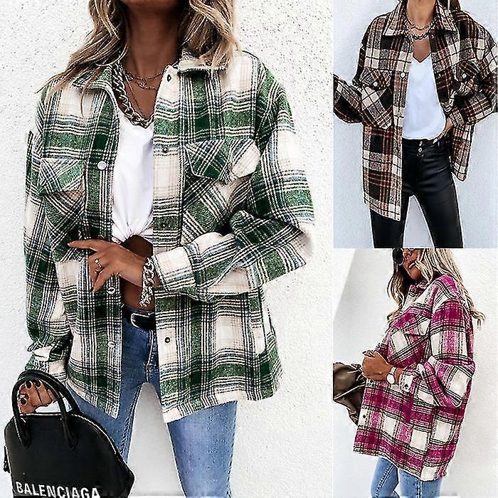 Höst / vinter Loose Casual Vintage Rutig Långärmad Skjortjacka Kvinnor