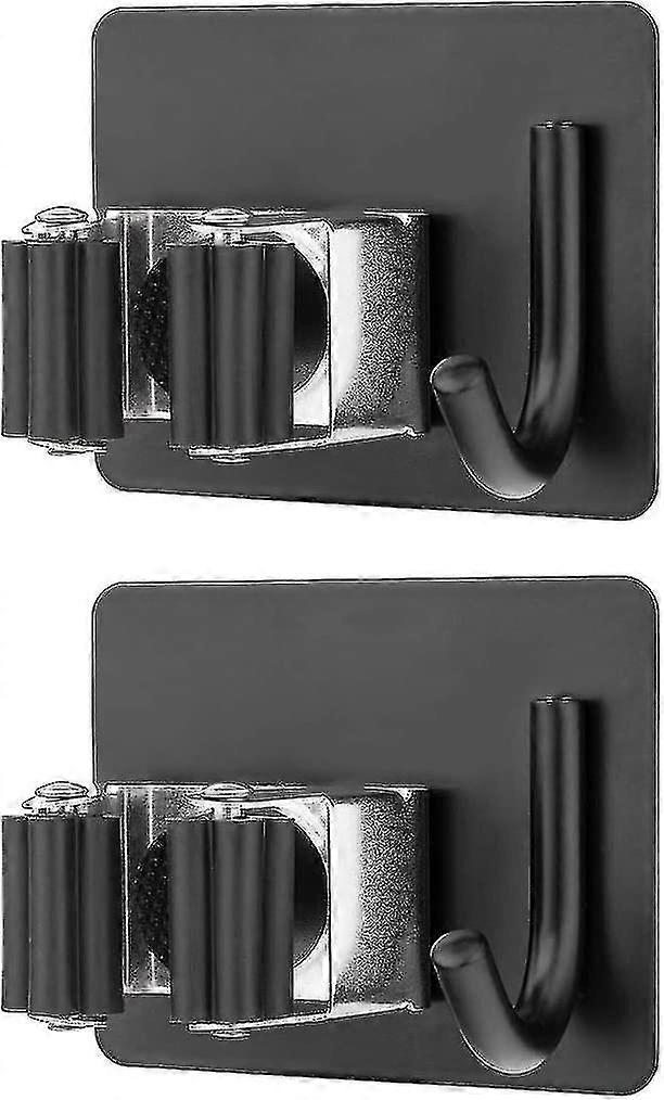 2pcs Wall Mounted Broom Holder(with Hook),stainless Mop Holder Rustproof No Extra Drilling(black)