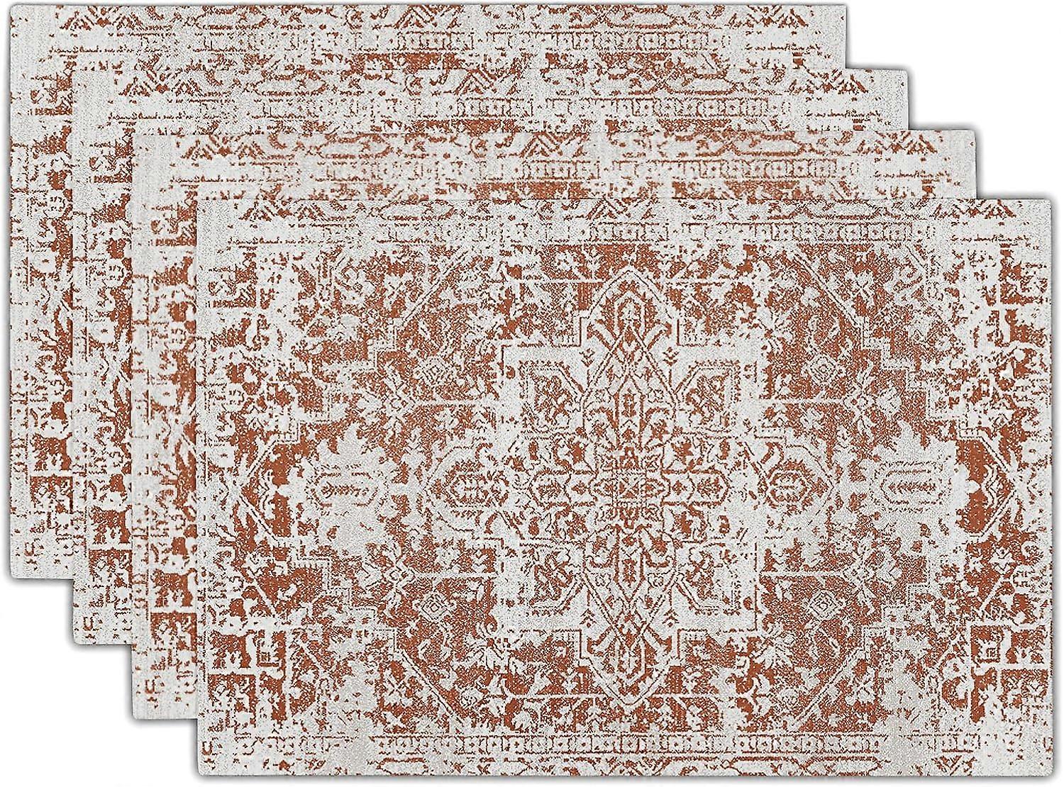 مفارش بوهو برتقالية محترقة رمادية من 4 حصائر سجادة بوهيمي عرقية قابلة للغسل مطبخ لتناول الطعام خمر رمادي جغرافيا الأزهار الكتان الجدول حصير ستا