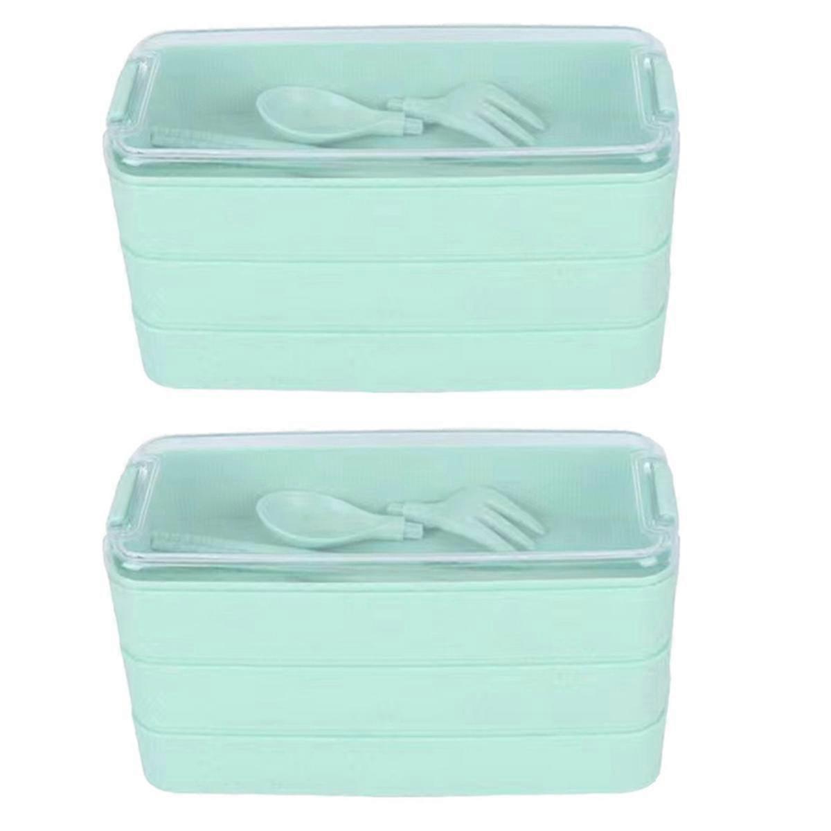 Three-Layer Lunch Box Bento Box Outdoor Lunch Box Microwaveable with Fork & Spoon Green