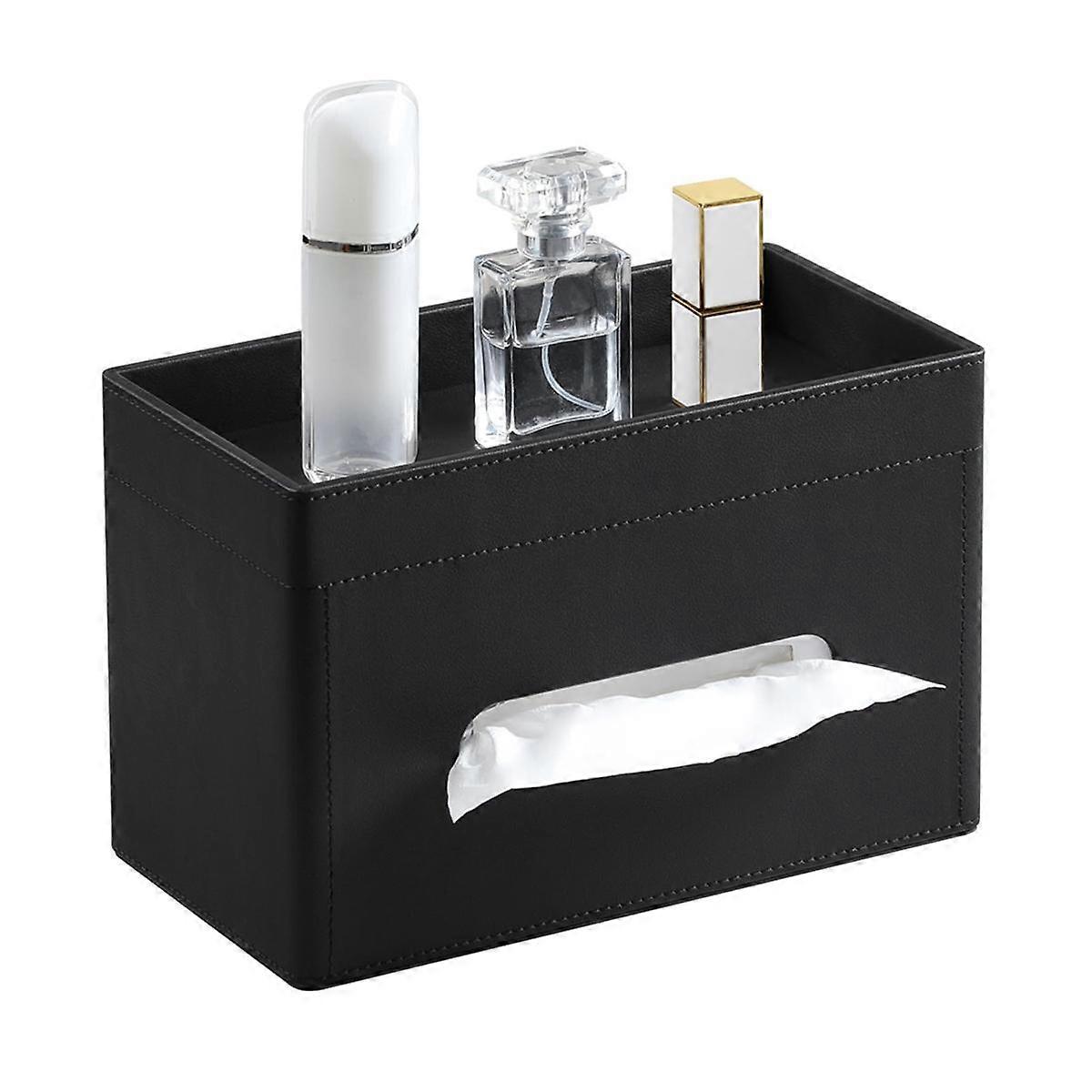 Plus Size Tissue Box Cover Rectangle, PU Leather Tissue Box Holder with Storage Tray, Organizer Tissue Holder Black