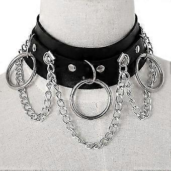 PN112 Surfer Style Leather Choker Necklace With Metal Rings - Vintage Brown Leather Choker 8 thumbnail image