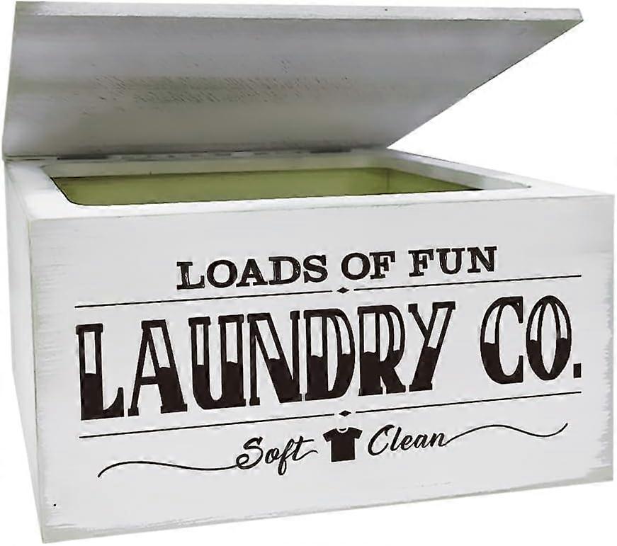 Laundry Dryer Sheet Dispenser Fun Fonts Holder Box with Hinged Lid Wood Organizer Fabric Softener Strips Dispenser Storage Container Loads of Fun Laun