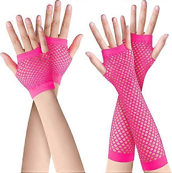 2 pairs of long and short fishing net gloves (rose) Fingerless fishing net gloves Mesh gloves 80s fishing net gloves Gloves for 80s fancy dress access