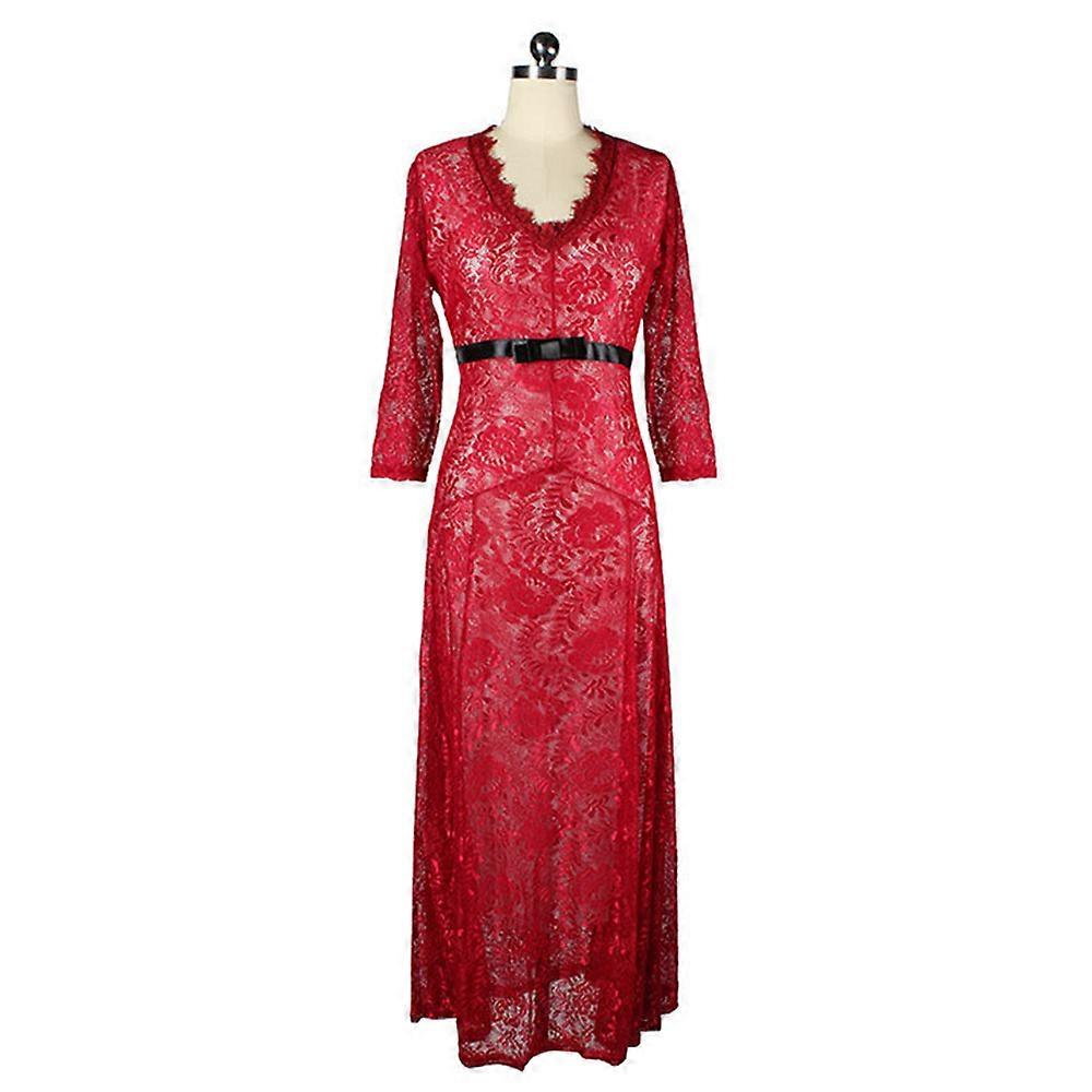 Spets ihålig full klänning V hals krusidull klänning