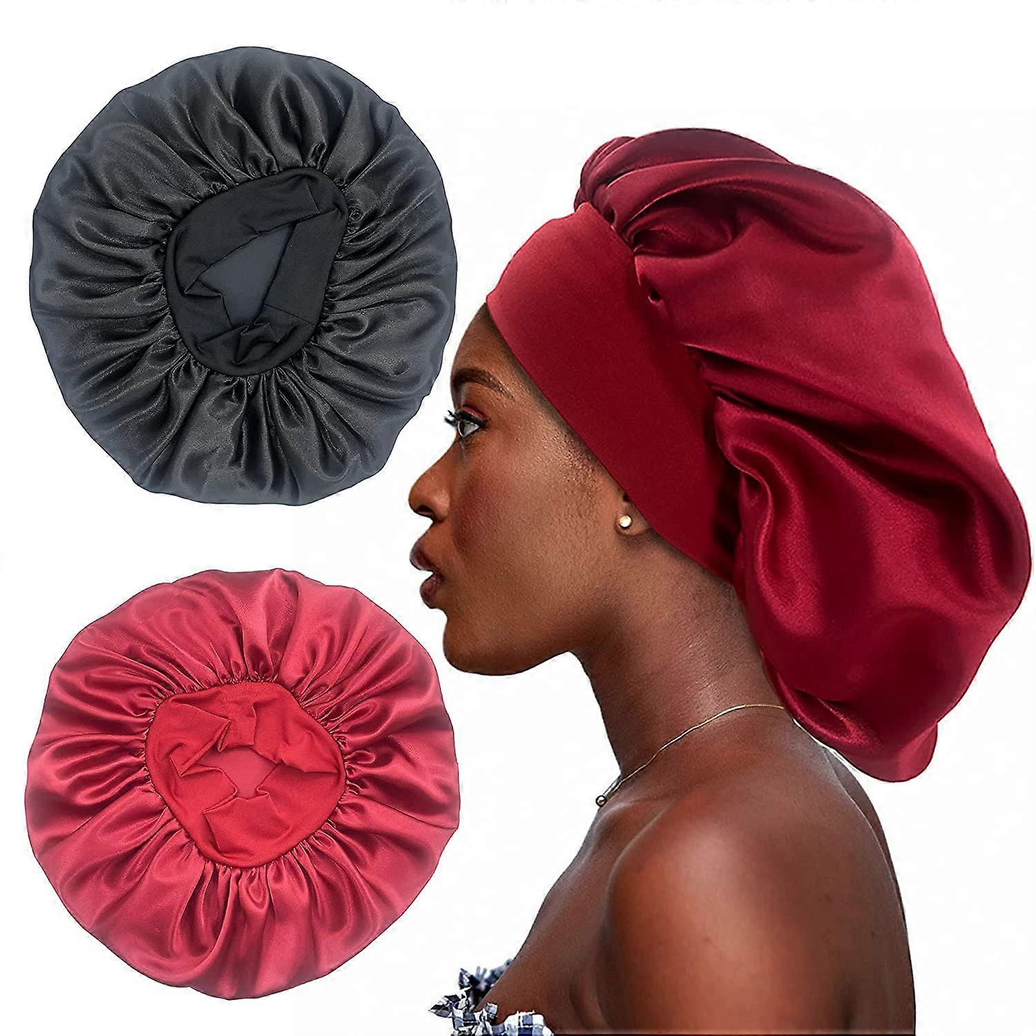2PCS Large Satin Bonnet,Silk Bonnet Hair Wrap for Sleeping, Sleep Cap With Elastic Soft Band (Black, wine red)