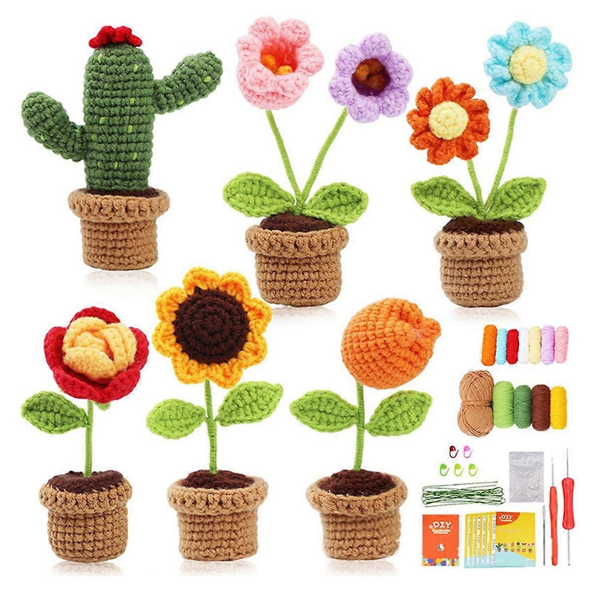 Complete Crochet Kit for Beginners,DIY Flower Cactus Plants Crochet Kit with Knitting Markers Easy