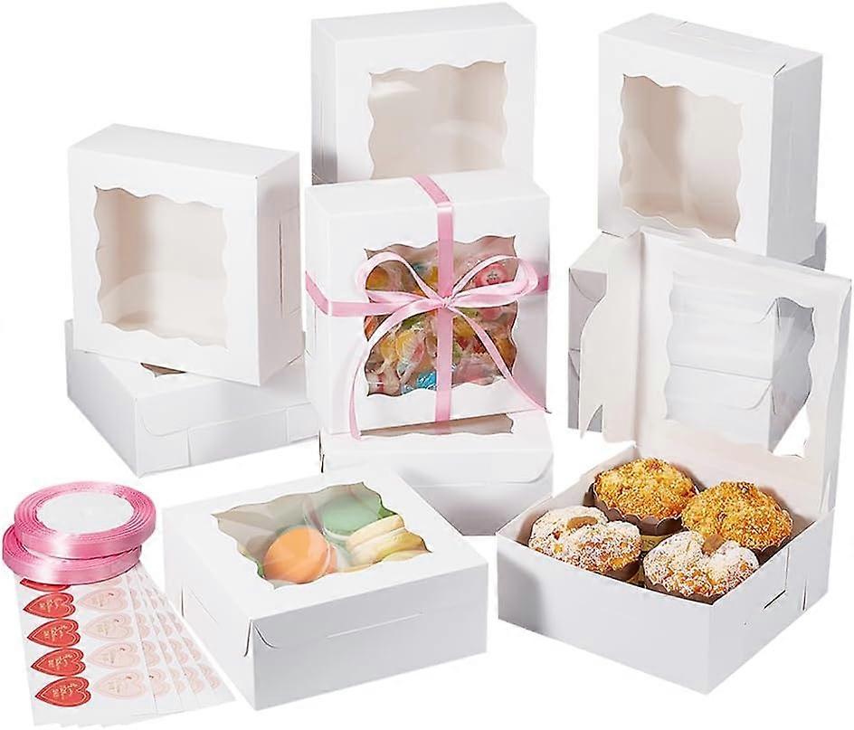 12 Pcs Mother's Day Theme Paper Box 5.9x5.9x2.4 inch Bakery Gift Boxes with Clear Window with 50Pcs Heart Stickers and 2 Rolls Polyester Ribbon for Ca