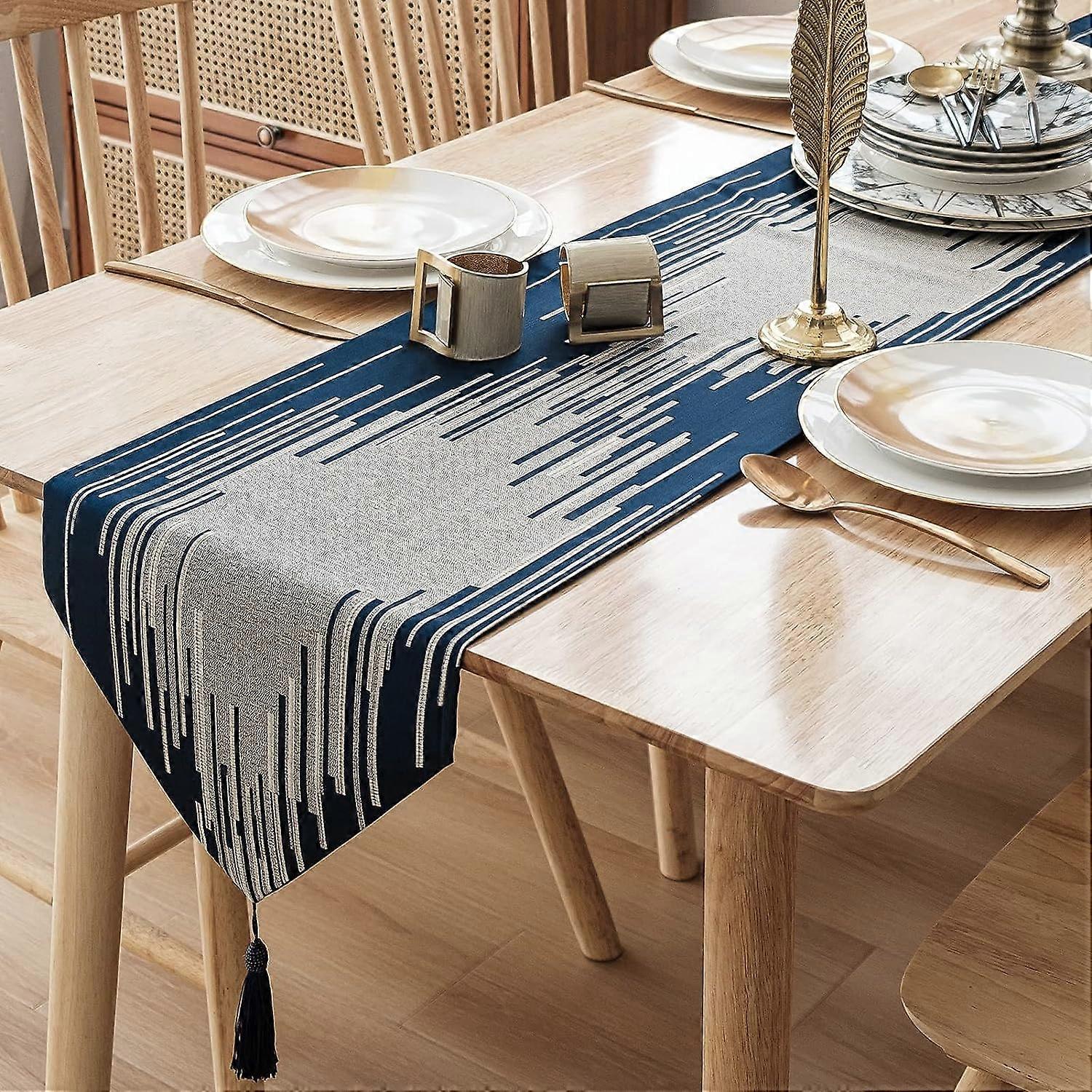 Table Runner Blue 30x180cm Luxury Dining Table Runner with Tassel Durable Table Runner