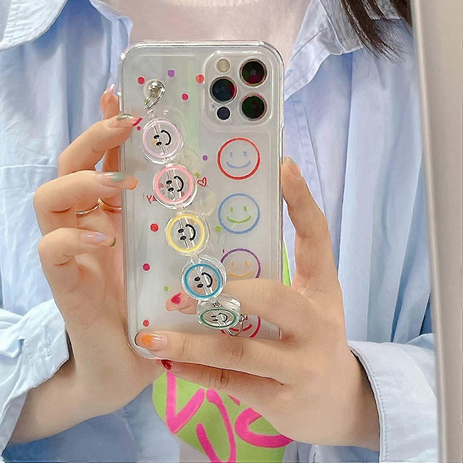 Smiley Face Clear Phone Case With Chain Compatible With Iphone 13 Pro Max/13 Pro/13/12 Pro Max/11 Pro Max Bracelet Kawaii