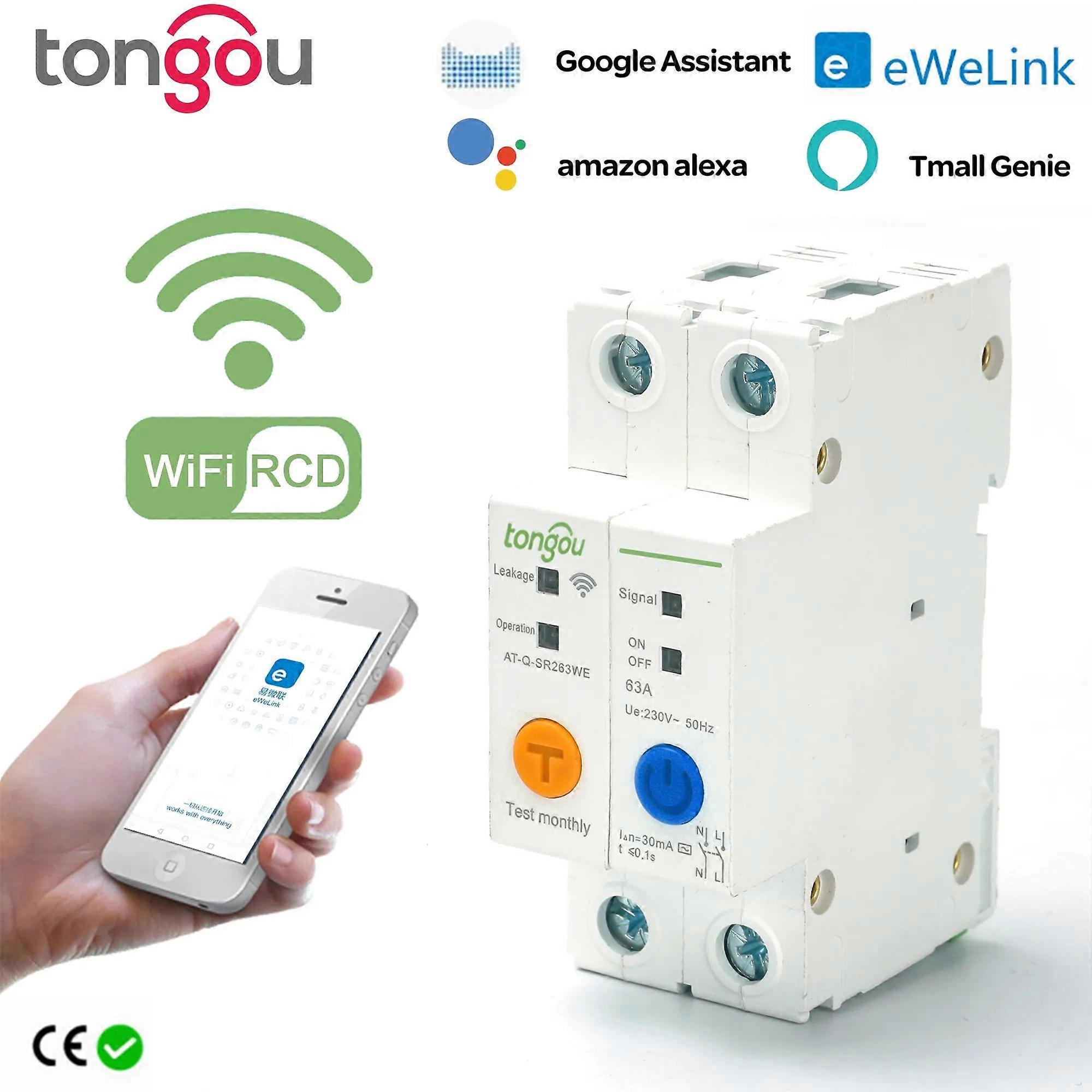 2P 63A DIN Rail WIFI Circuit Breaker Smart Switch Remote Control by Ewelink APP for Smart Home 63A with Leakage Protection