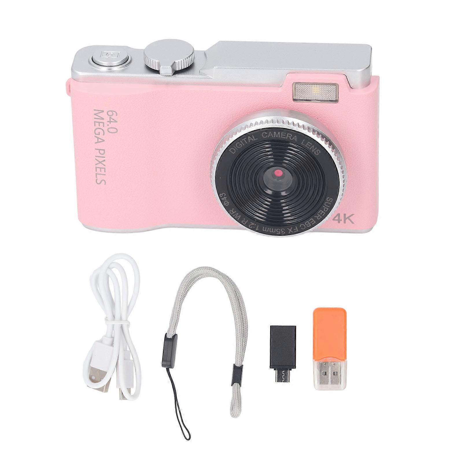 48MP Digital Camera with 16X Zoom 1080P HD Dual Lens Front Rear, 2.4inch Display, Type C Charging, Pink Point and Shoot