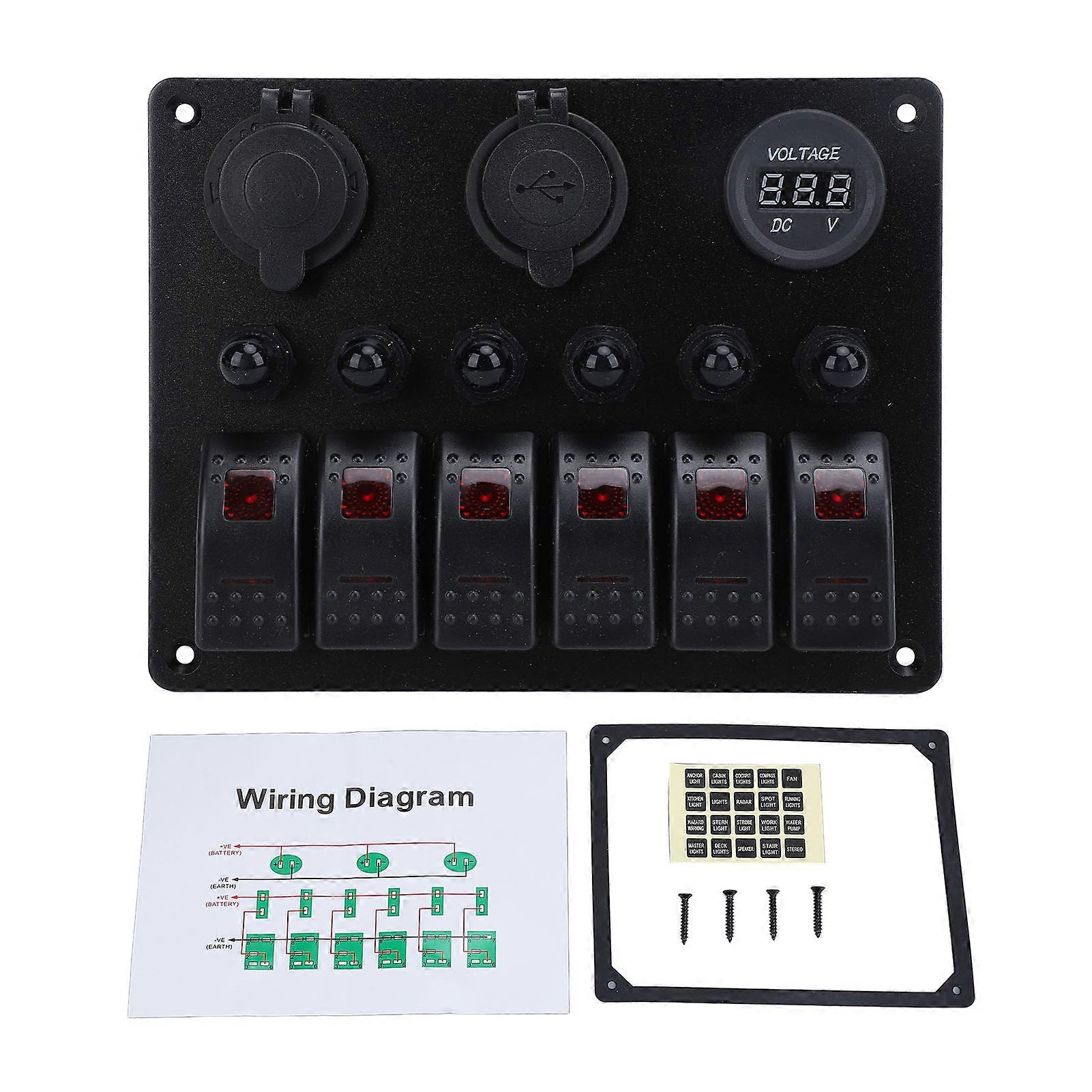 DC 12‑24V 6 Gang Rocker Switch Panel Overload Protection Dual USB Charger with Digital Voltmeter Display for Boats Yachts Cars RVs SUVs Red Light