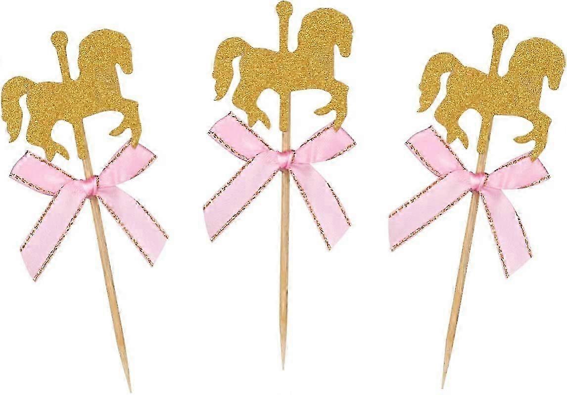 20 Piece Carousel Cake Toppers Gold Glitter Carousel Cake Toppers (Insert Card)