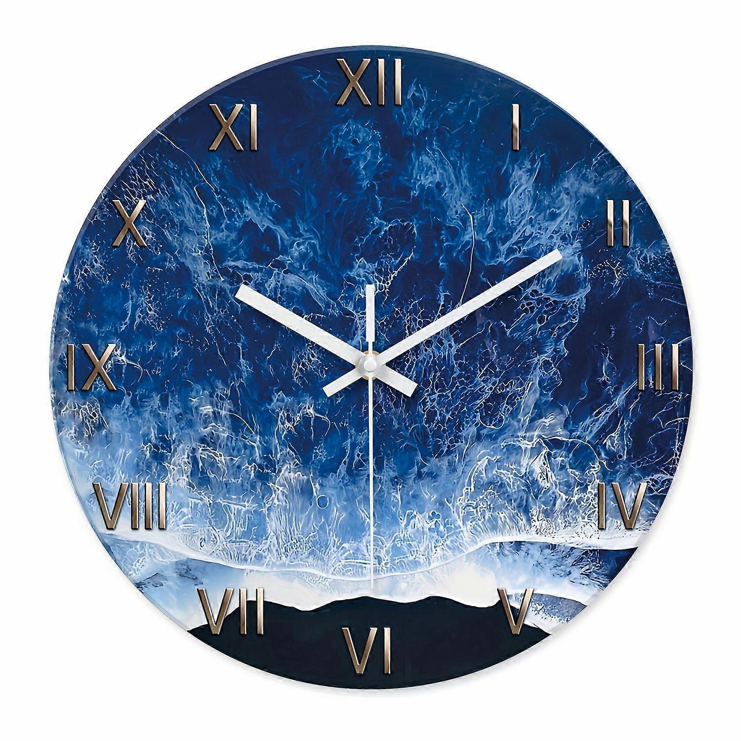 Glass Wall Clock Silent Non Ticking Wall Clock- 12 Inch Quality Quartz Battery Operated Round Clock for Home Office Dark Blue
