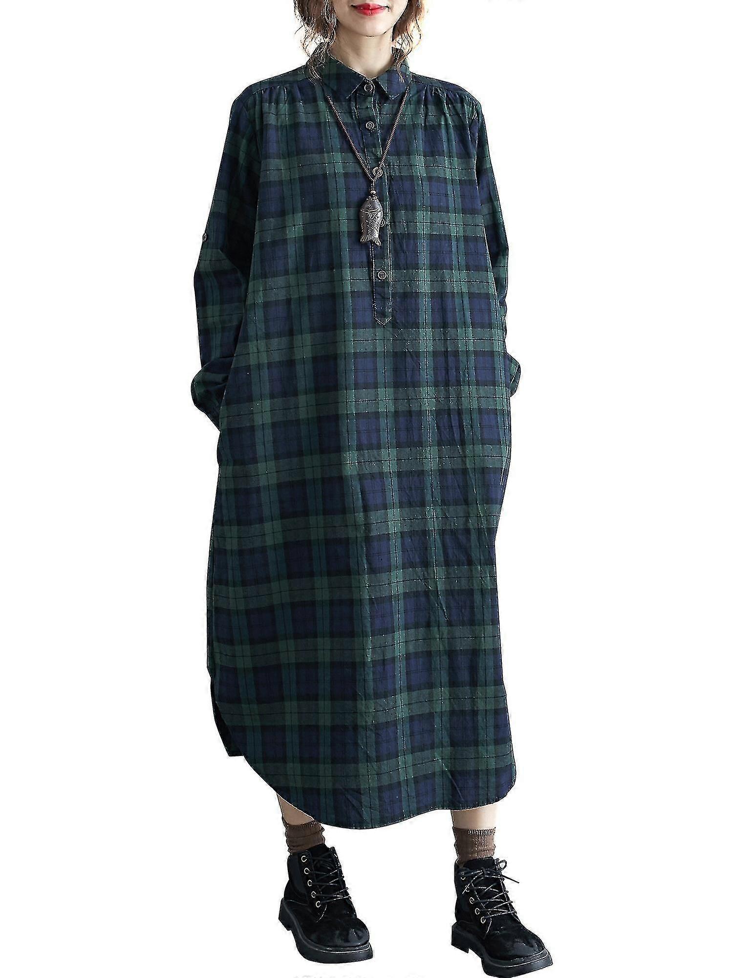 Damska sukienka w kratę z kieszeniami Guziki Długie rękawy Luźna sukienka / yy