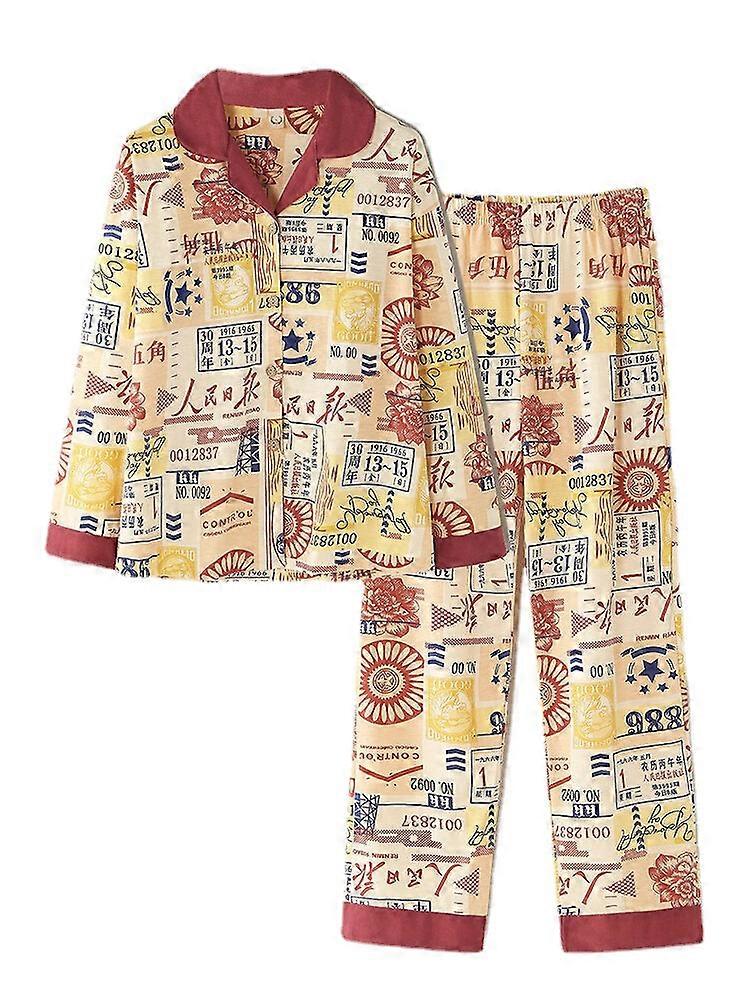 Women's Vintage Chinese Print Cotton Pajama Set - Button Up, Long Sleeve, Elastic Waist