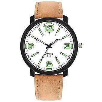 Male Men Fashion PU Leather Wrist Watch Round Dial Casual Quartz Wristwatch(Light Coffee+White)