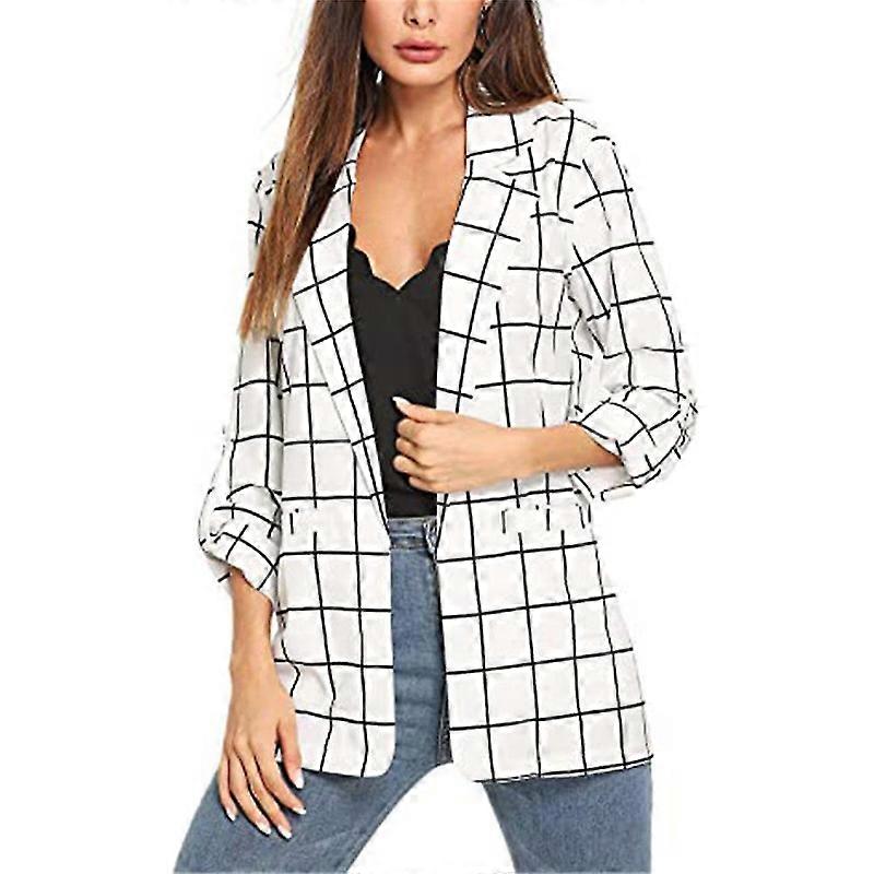 Damkavaj med öppen front, avslappnad lättviktig rutig kavaj med upprullade ärmar