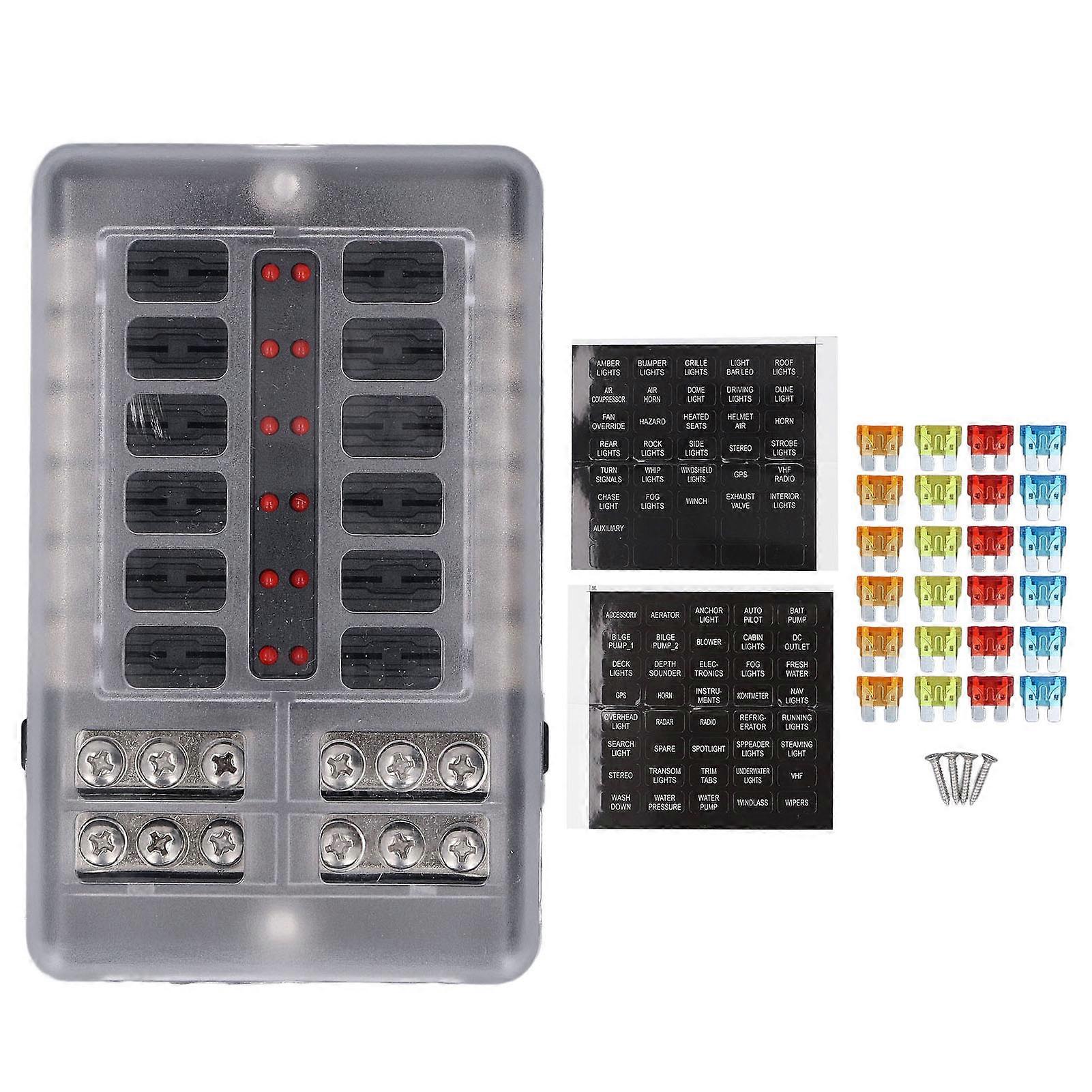 12 Way Marine Fuze Block 12V 24V Standard Circuit Panel with LED Indicator Water Proof Cover Negative Bus for Car Truck