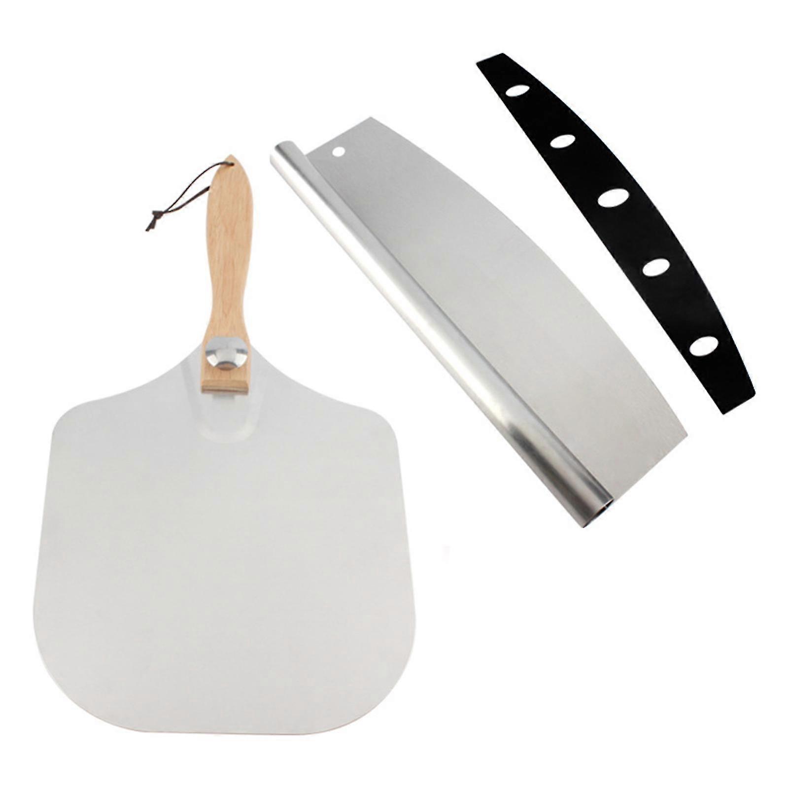 Pizza Peel, with Wooden Handle, and Stainless - Steel Pizza Cutter and Scraper Set, Ideal for Baking and Serving Pizza