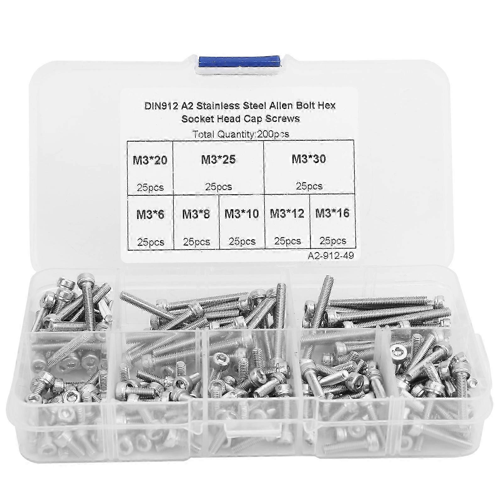 200Pcs Hex Socket Cap Head Screw 304 Stainless Steel Boxed Hardware Accessories M3