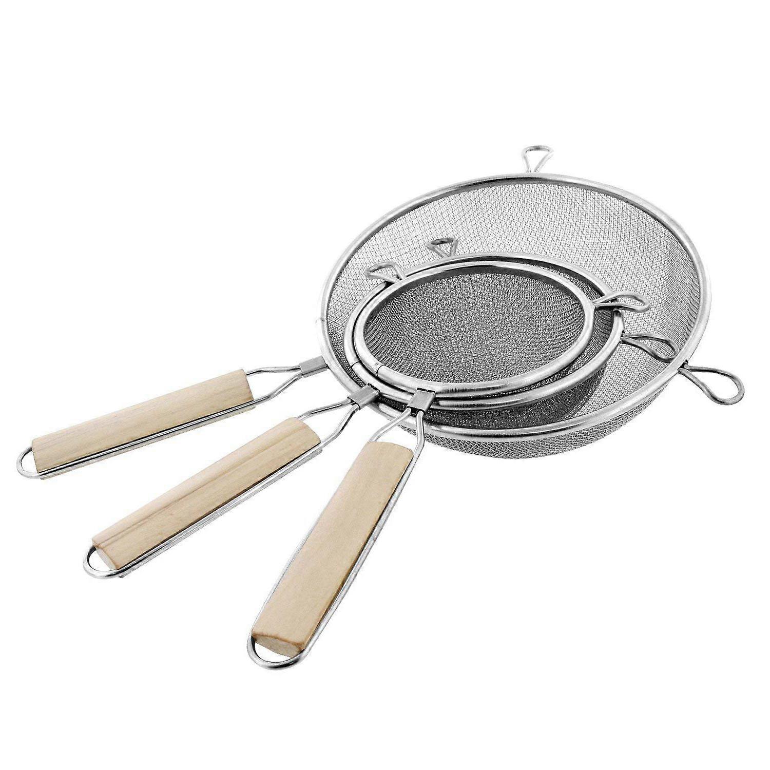 Set of 3 Premium Quality-Double Mesh Extra Fine Stainless Steel Strainers with Comfortable Wooden Handles, 5", 5.5" and 8" Sizes
