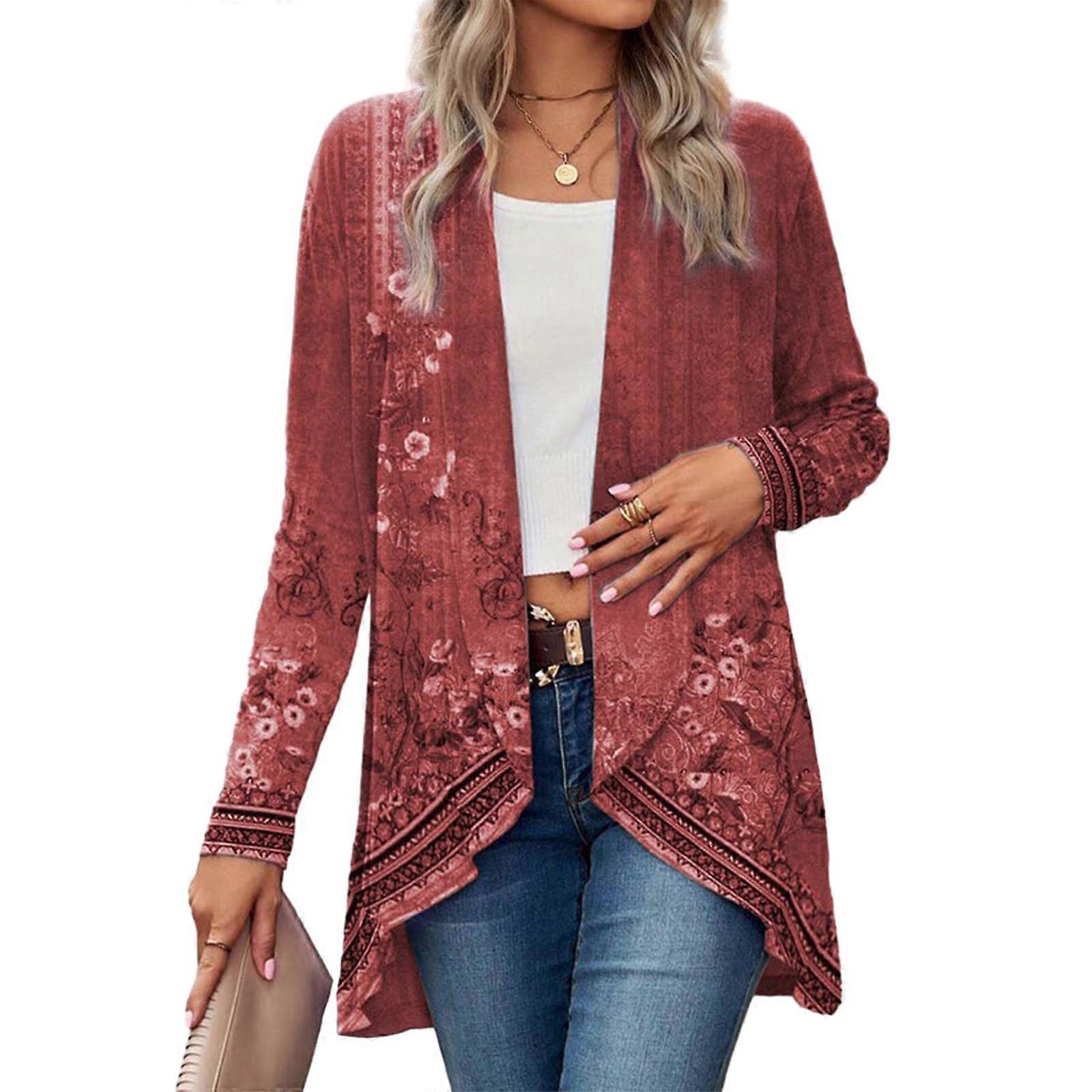 Womens Shrug Open Front Long Sleeve Floral Print Cardigan Office