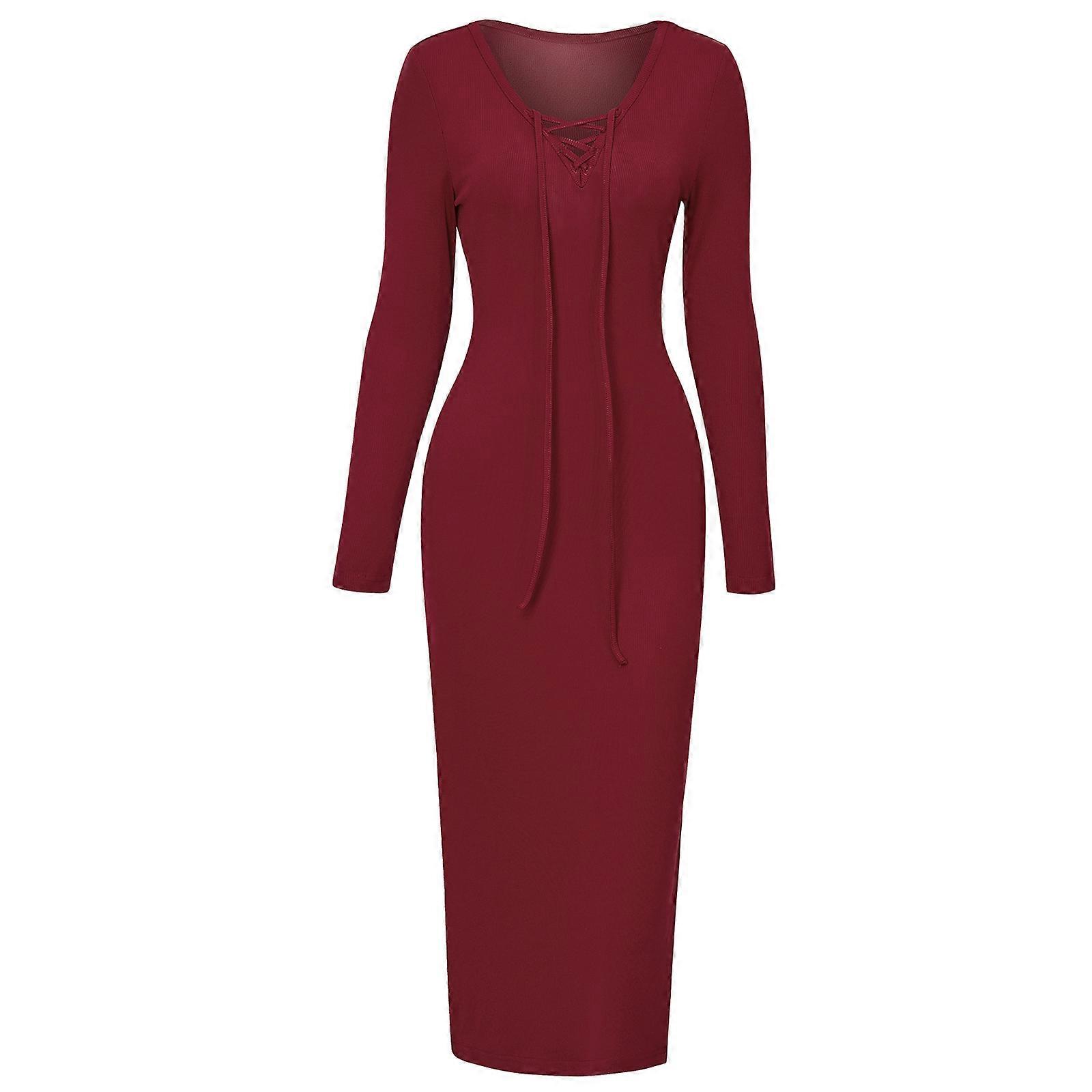 女性用 カジュアル 長袖 タイバック ディープVネック サイドスリット ミディ ボディコン セータードレス リブ ニット スリムフィット ロングドレス バーガンディー XL
