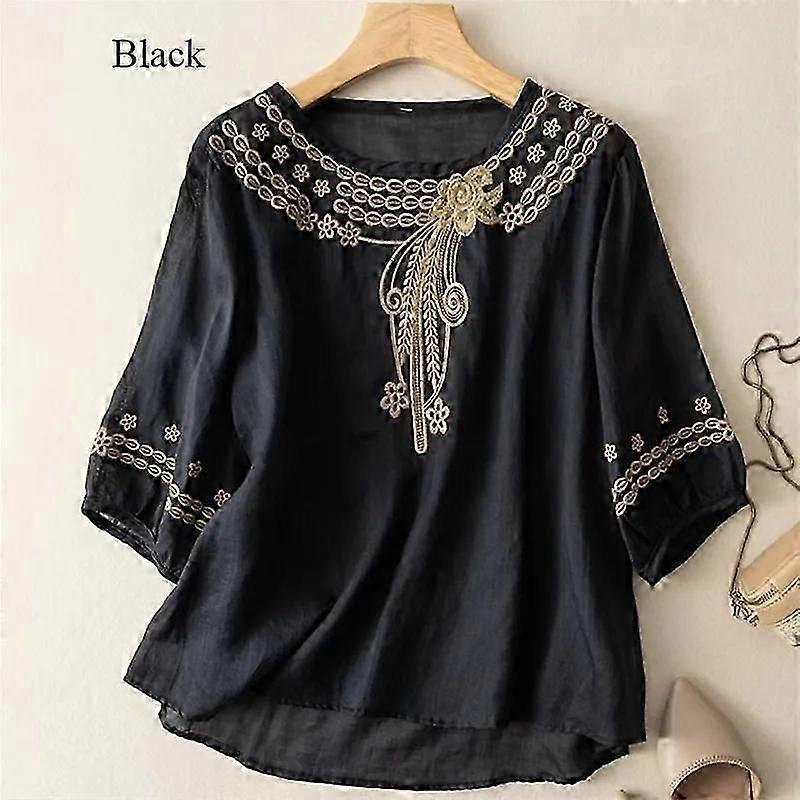 "Camicetta di cotone e lino Camicia estiva retrò casual con ricamo Top da donna a maniche corte camicette con scollo rotondo"