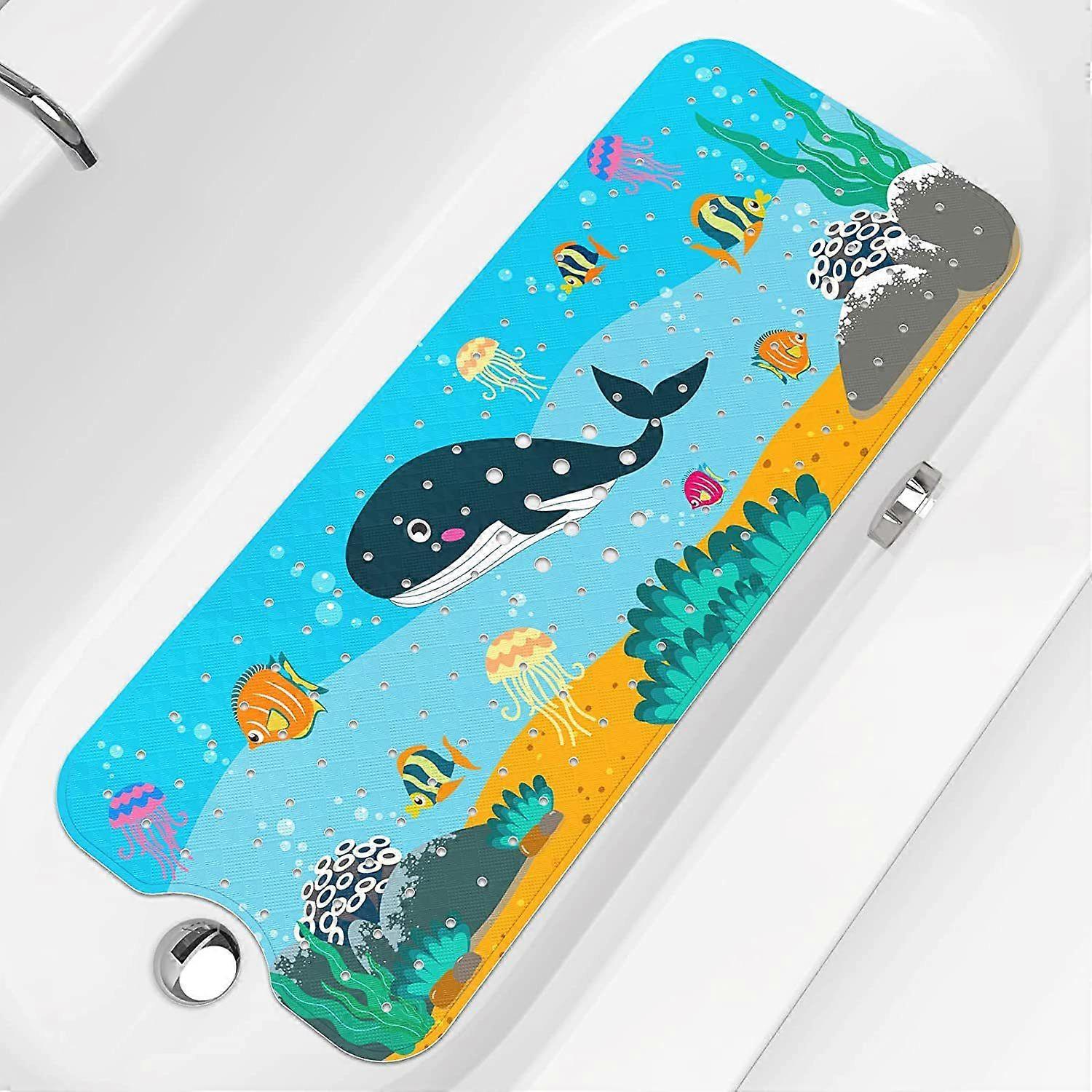 Non-Slip Bath Mat 100*40cm for Babies and Children (Whale) - Transparent PVC Design - Reinforced Safety by Suction Cups and Rubber - Bath and Shower