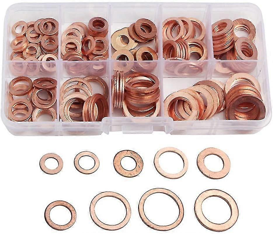 200pcs Copper Flat Washer Ring Metric Washer Box Gasket Assortment 9 Sizes M5-m14 With Box