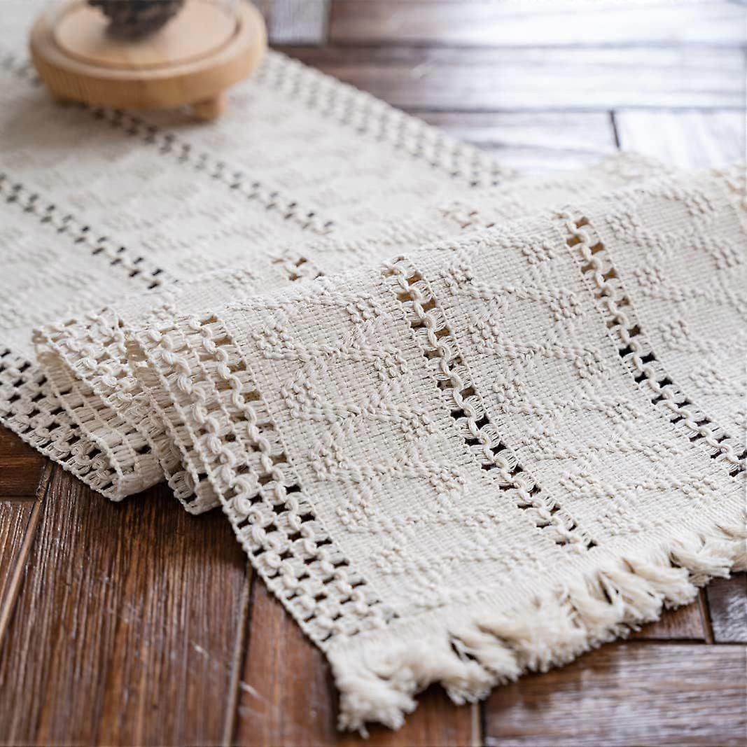 Beige Boho Table Runner with Tassels Handwoven Cotton Table Runner Rustic Farmhouse Table Runner for Bohemian Kitchen Dining Table(30x180cm)