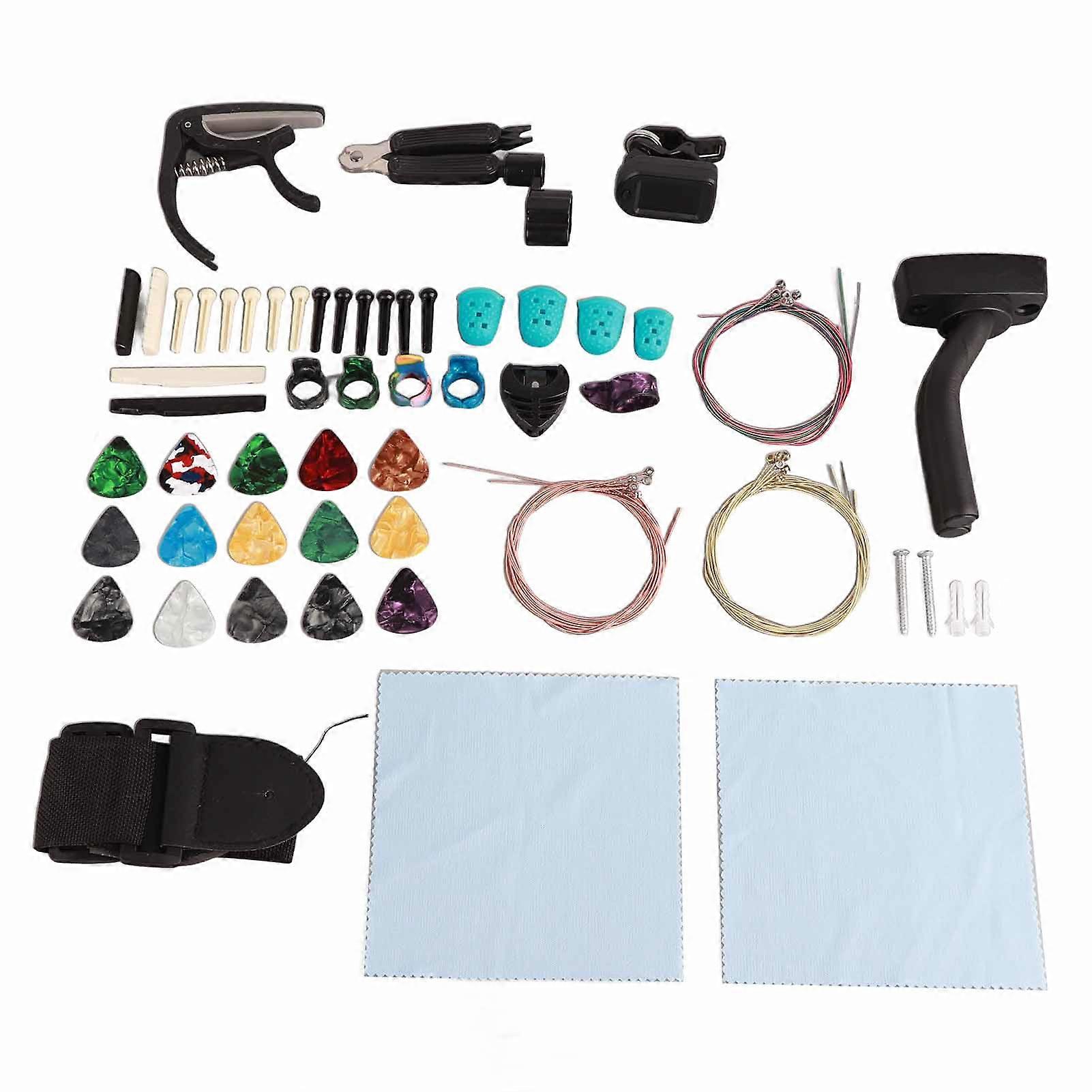 66Pcs Accessories Kit Guitar String Wall Mount Bracket Strap Tuner Picks Index Finger Plectrums Pins Set