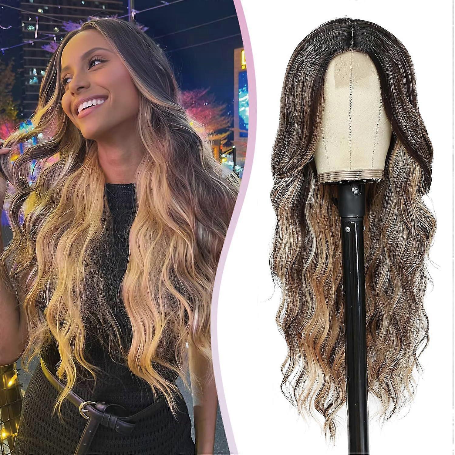 26 Inch Ombre Brown Wavy Wig, Glueless Middle Part, Dark Roots, Heat Resistant