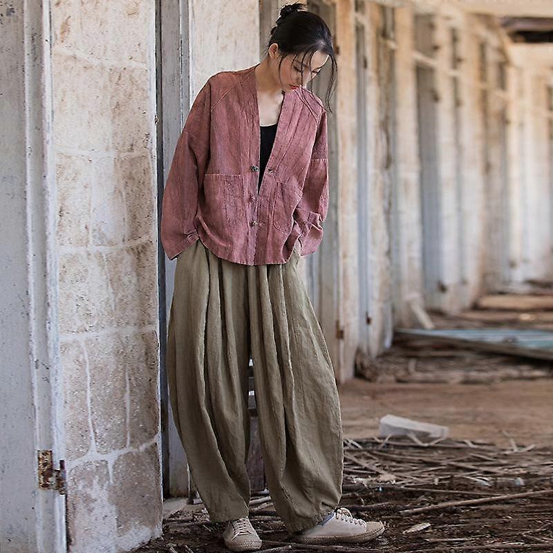 Kevät Syksy Naiset Kiinalainen tyyli Retro Neuletakki Ramie Button V-kaula-aukko Pitkähihaiset taskut Yhtenäinen väri Puserot Topit Naisten paidat