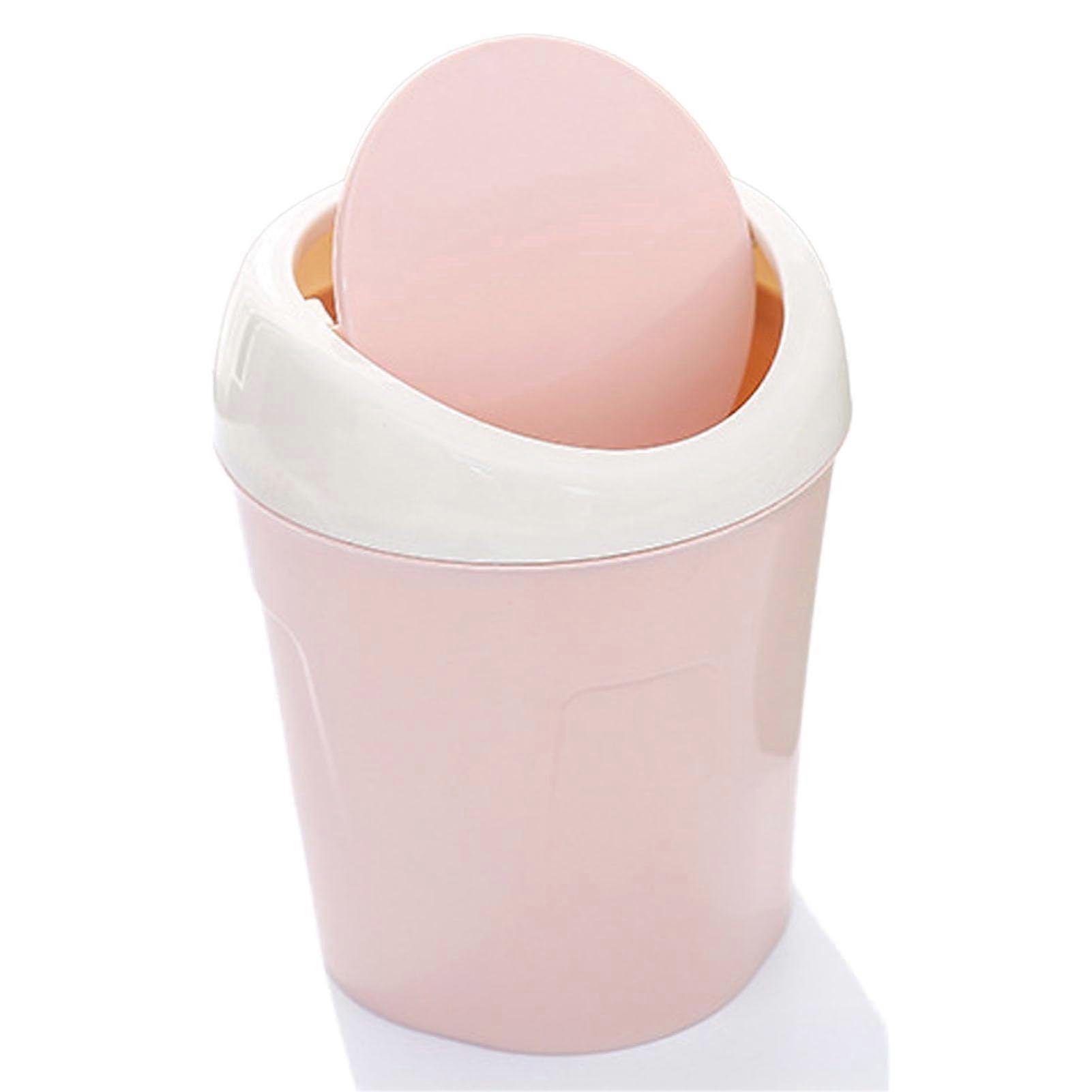 Desktop trash can, small mini table trash can made of plastic with swing lid for living room, coffee table, S (pink)