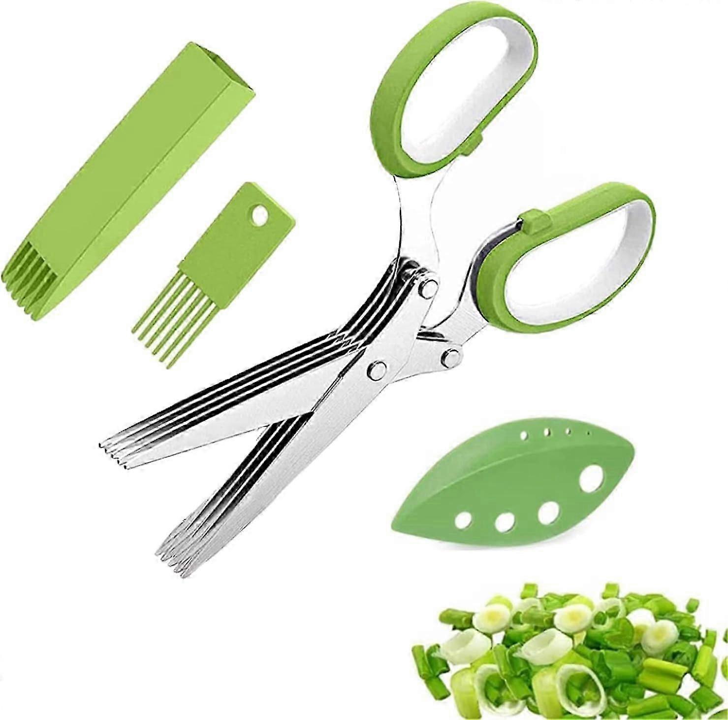 Herb Scissors Set - 5-Blade Multi-Purpose Stainless Steel Scissors with Cleaning Brush Comb and Knife Cover (Green)