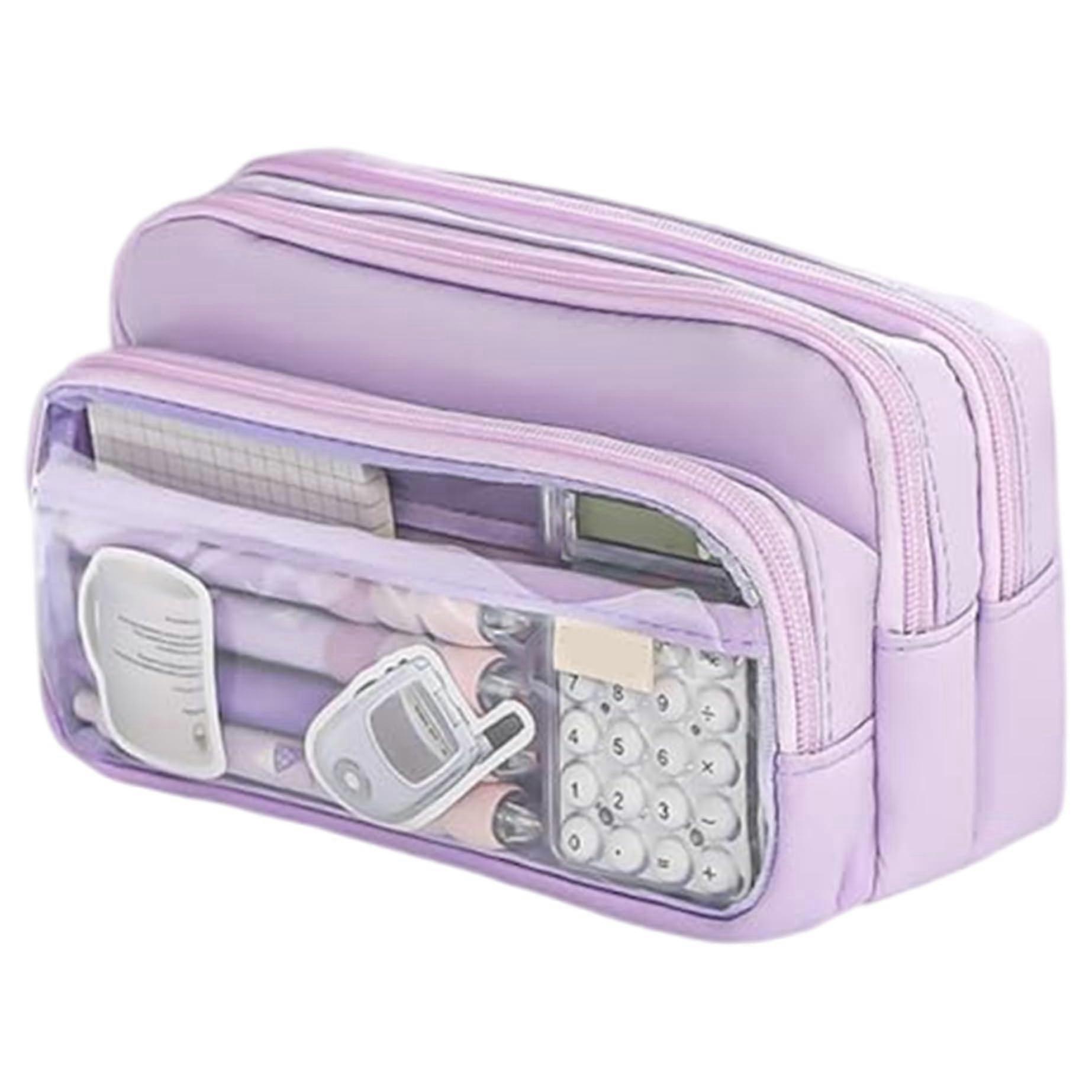紫色多隔层铅笔盒，带光滑拉链，适合学校、办公室、女孩、男孩、青少年和学生 – 可爱的铅笔盒袋