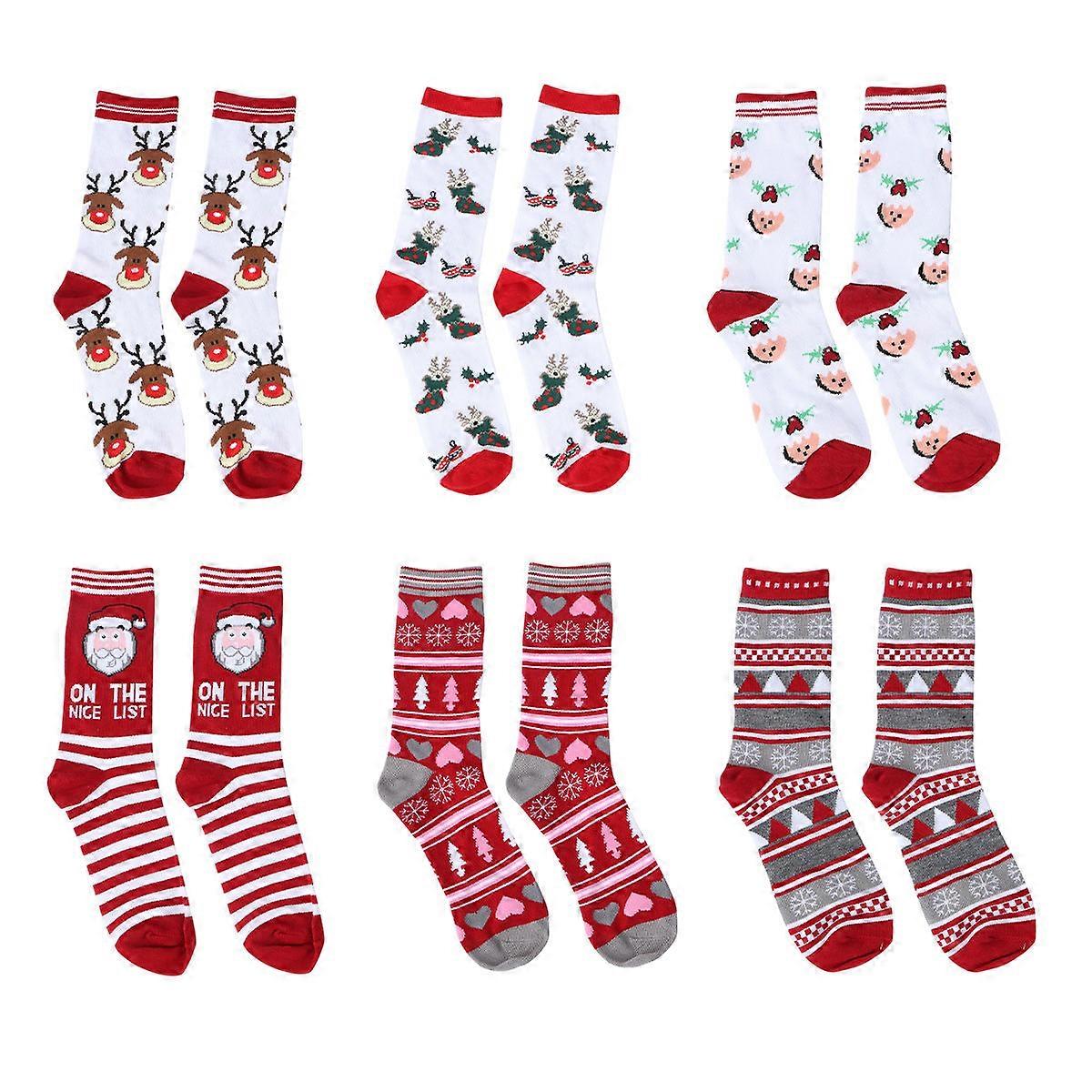 Pattern Socks Mid Calf Length Cotton Socks Unisex Holiday Socks Christmas Indoor Activity Assorted Color 6 Pairs